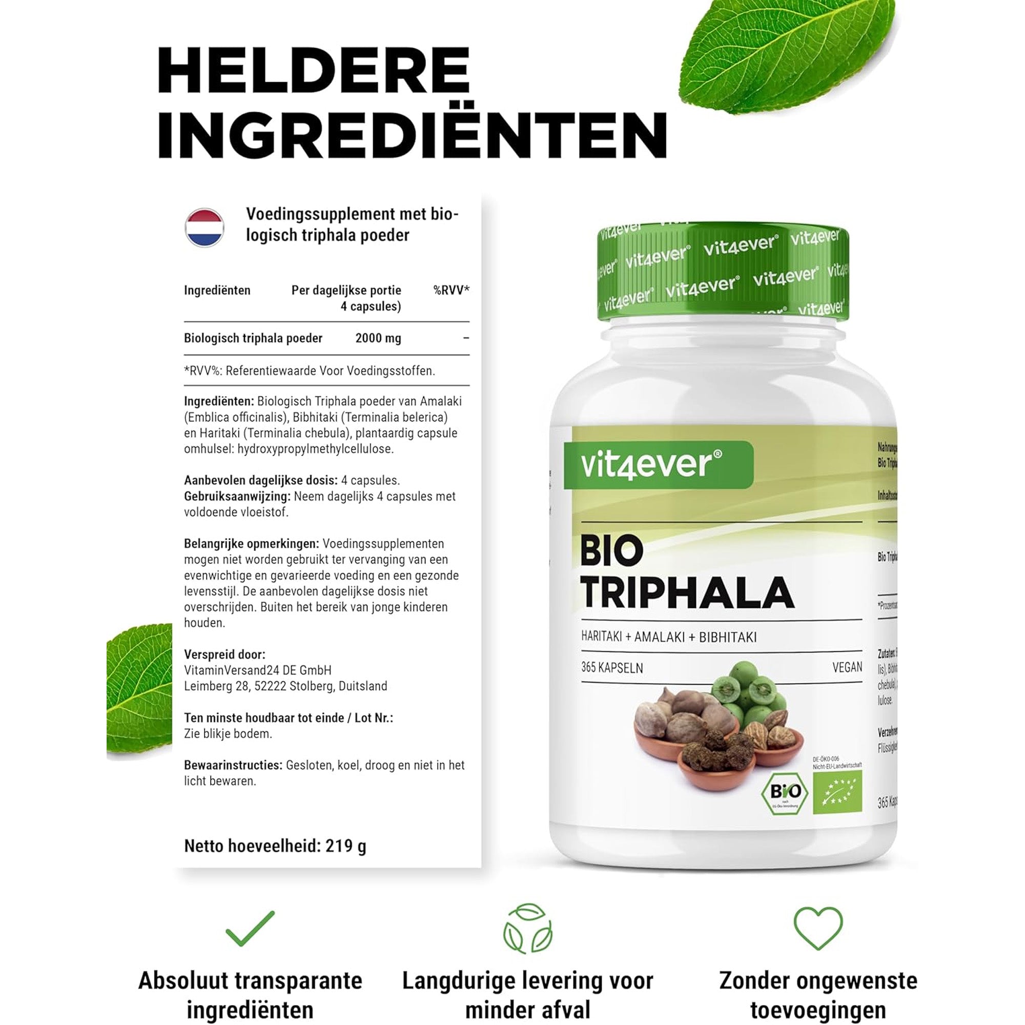Bio Triphala uit de drie Myrobalane-vruchten Amalaki, Bibhitaki & Haritaki | 365 capsules | Vit4ever
