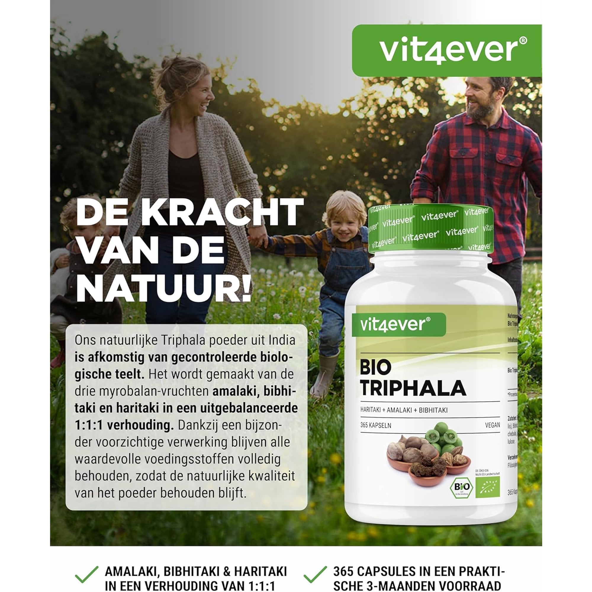 Bio Triphala uit de drie Myrobalane-vruchten Amalaki, Bibhitaki & Haritaki | 365 capsules | Vit4ever