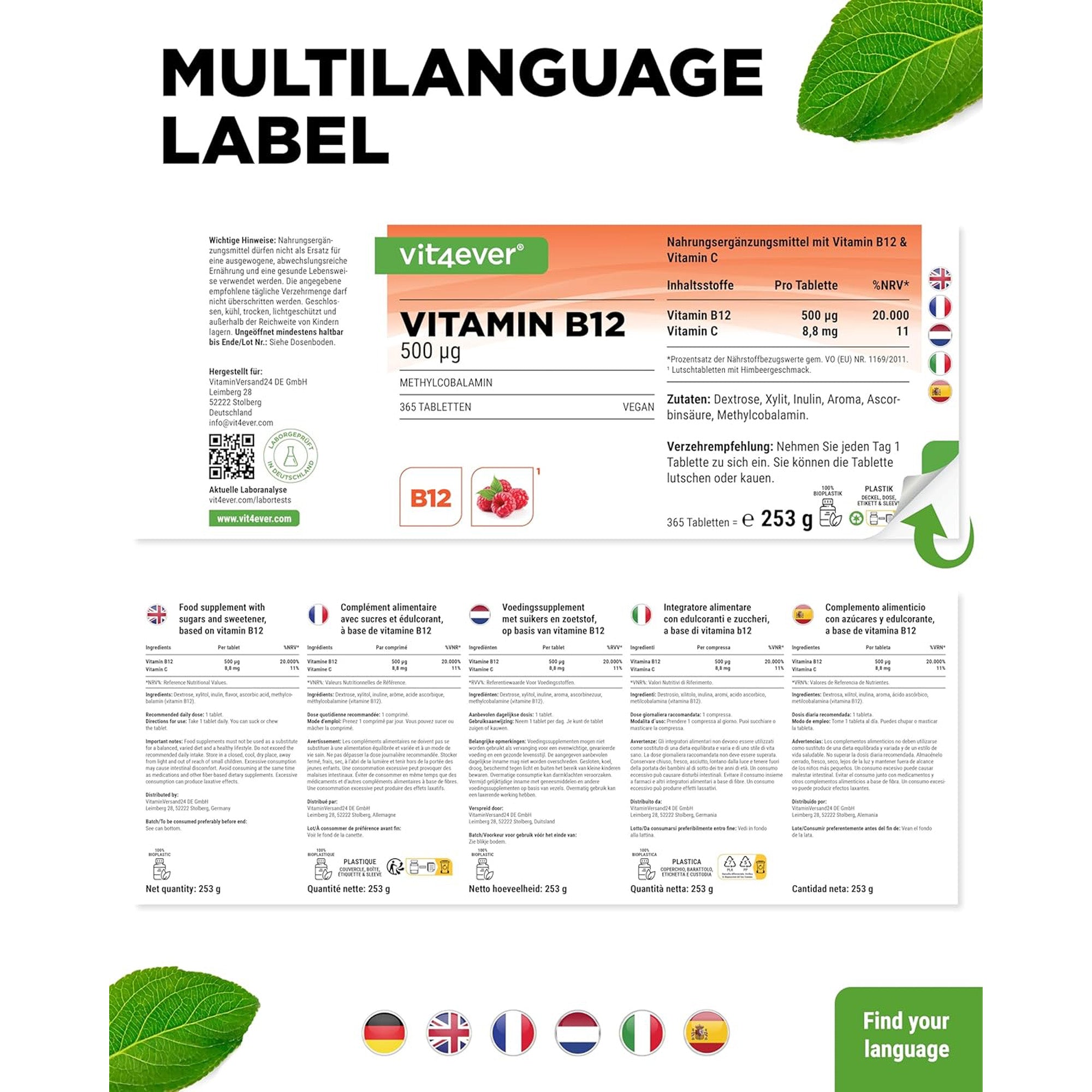 Vitamine B12 500 µg (Methylcobalamine) | 365 zuigtabletten | Vit4ever
