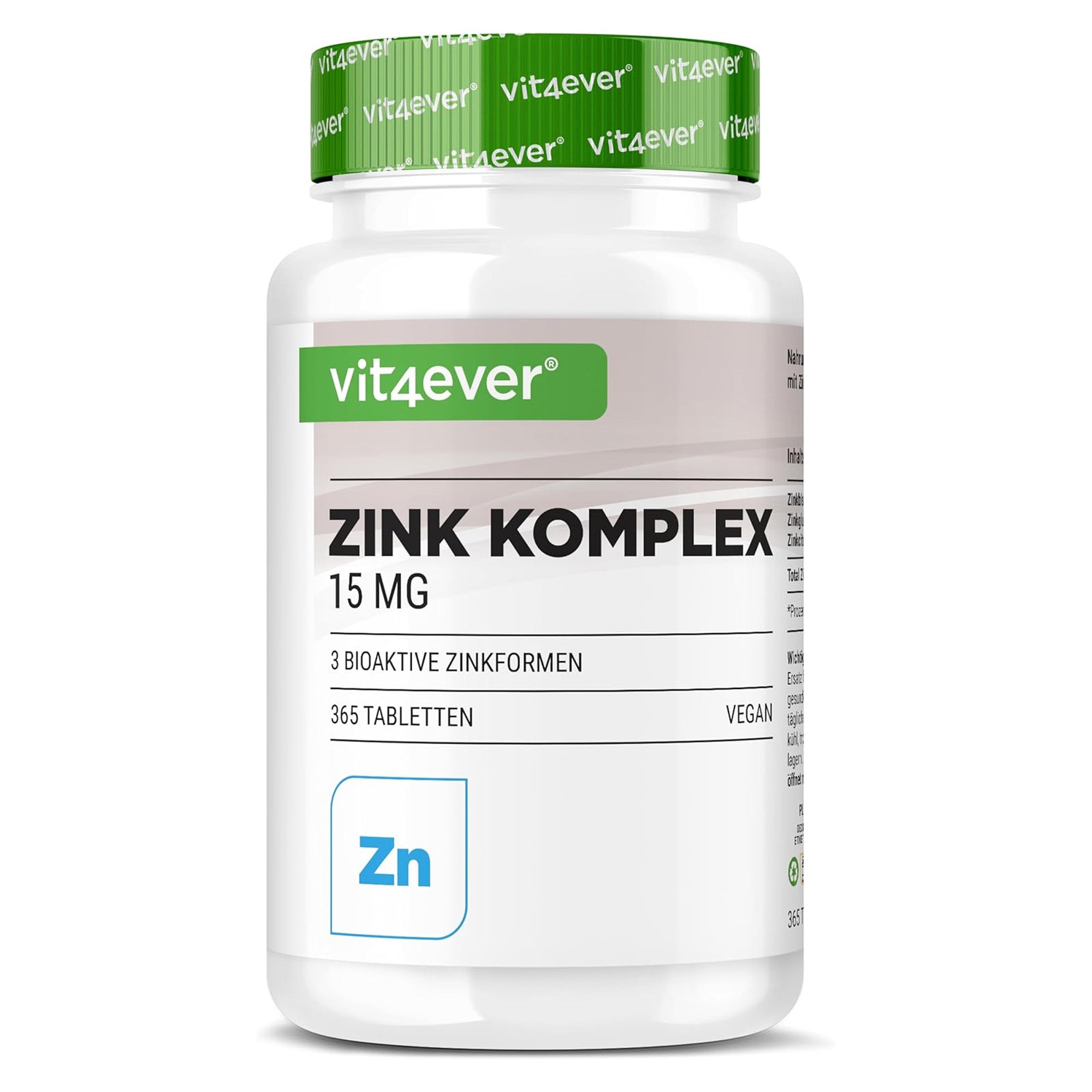 Zink Complex (zinkbisglycinaat, zinkcitraat en zinkgluconaat) | 15mg of 25mg | 365 tabletten | Vit4ever