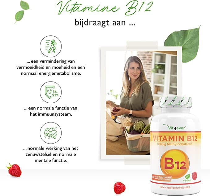 Vitamine B12 | Methylcobalamine | 1000µg | 365 Zuig tabletten | Framboossmaak | Vit4ever
