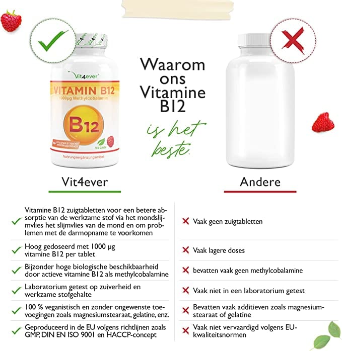 Vitamine B12 | Methylcobalamine | 1000µg | 365 Zuig tabletten | Framboossmaak | Vit4ever