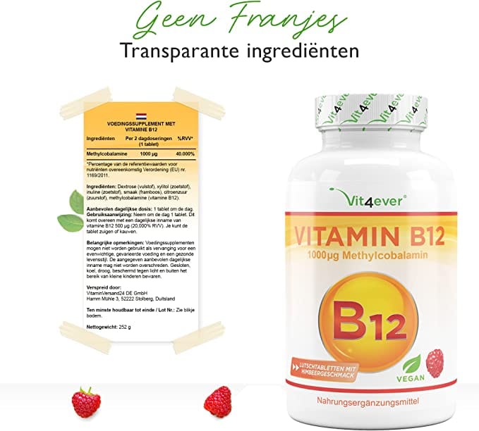 Vitamine B12 | Methylcobalamine | 1000µg | 365 Zuig tabletten | Framboossmaak | Vit4ever