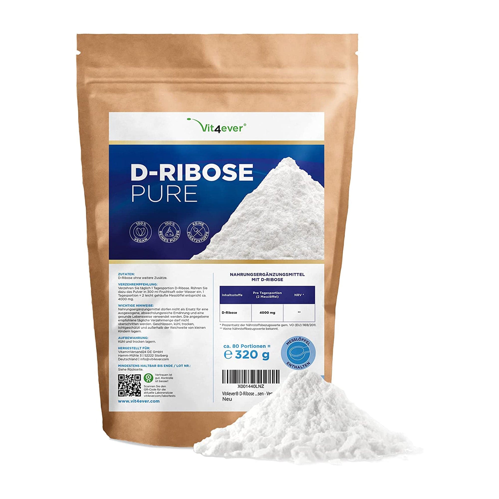 D-Ribose Poeder | 320 gram | 80 porties | 2,6 maanden voorraad | Vit4ever