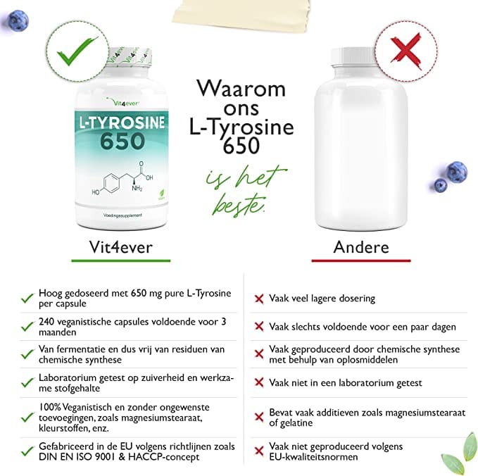 L-tyrosin | 650mg | 240 Vegetarische capsules | Vit4ever