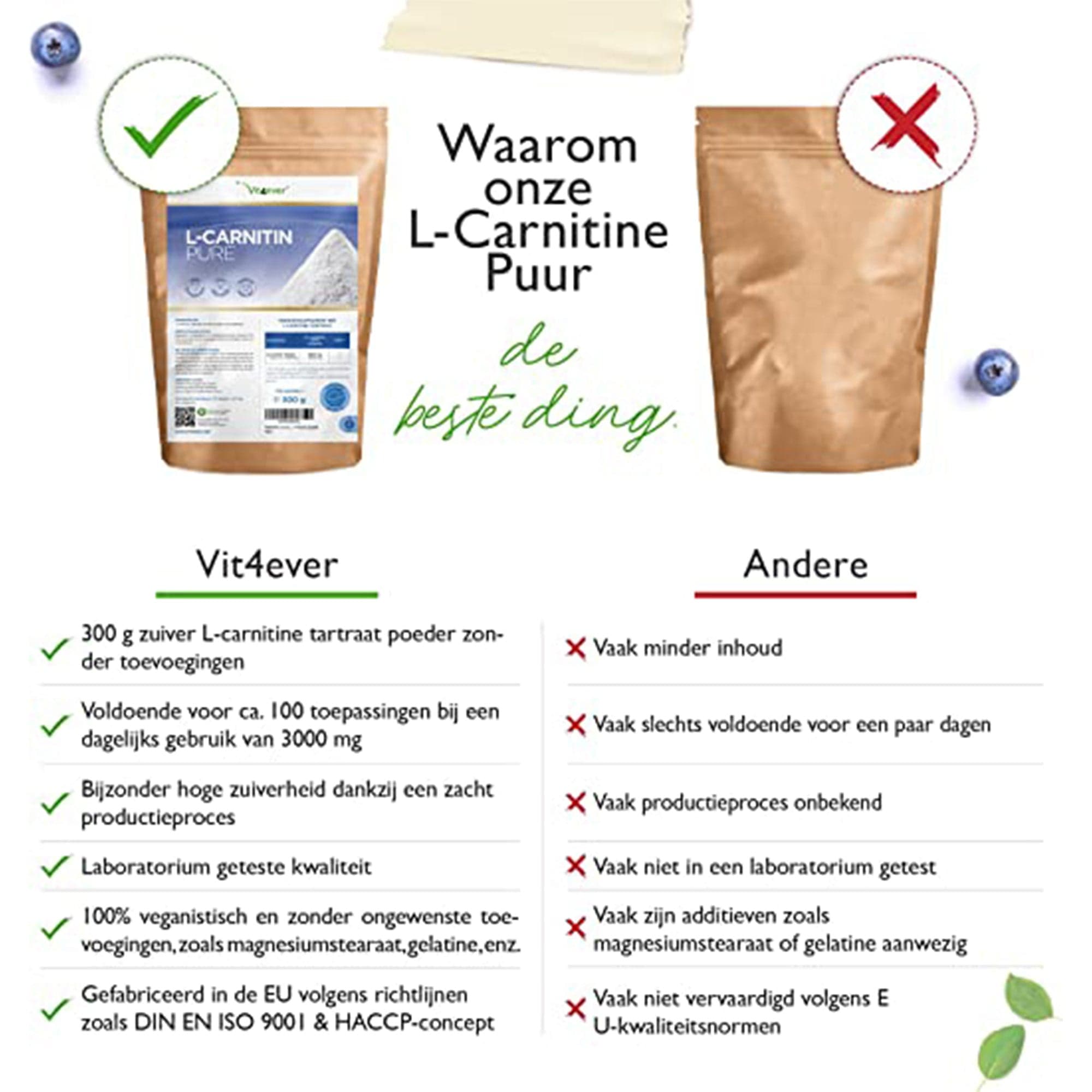 Vit4ever L-carnitine Pure | 300 g zuiver poeder zonder toevoegingen | 100% L-carnitine tartraat | 100 porties met 3000 mg carnitinepoeder | laboratoriumgetest | veganistisch | hoge dosering