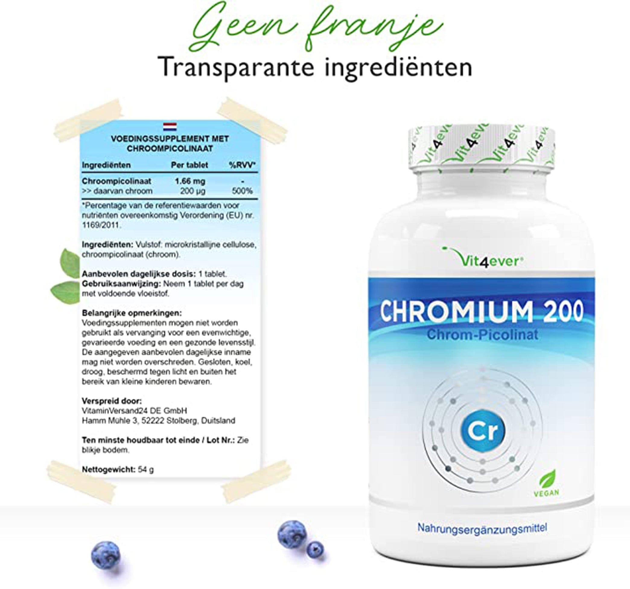 Vit4ever Chromium Picolinate - 200 mcg zuiver chroom per tablet - 365 tabletten in jaarvoorraad - laboratoriumgetest (gehalte aan werkzame stoffen en zuiverheid) - zonder ongewenste toevoegingen - hoge dosering - veganistisch