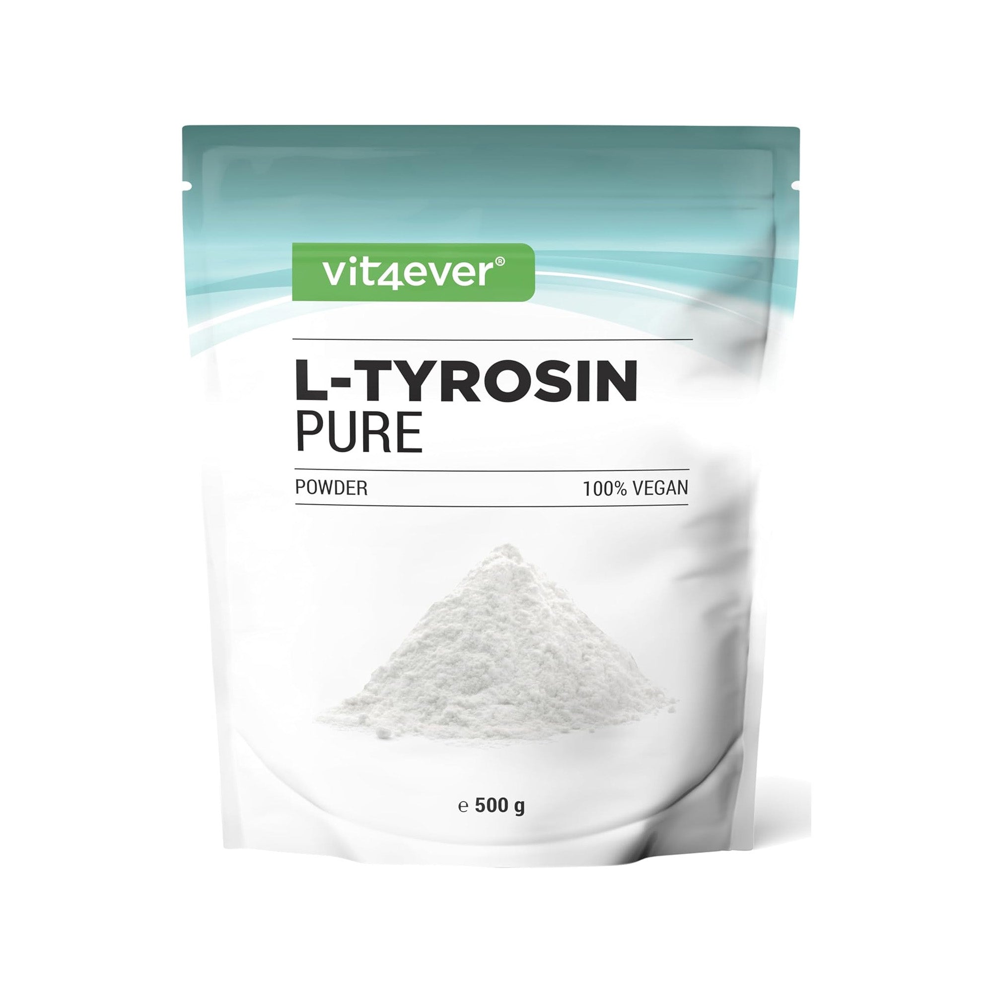 L-Tyrosine poeder in verpakking - close-up van 500 gram pure tyrosine poeder