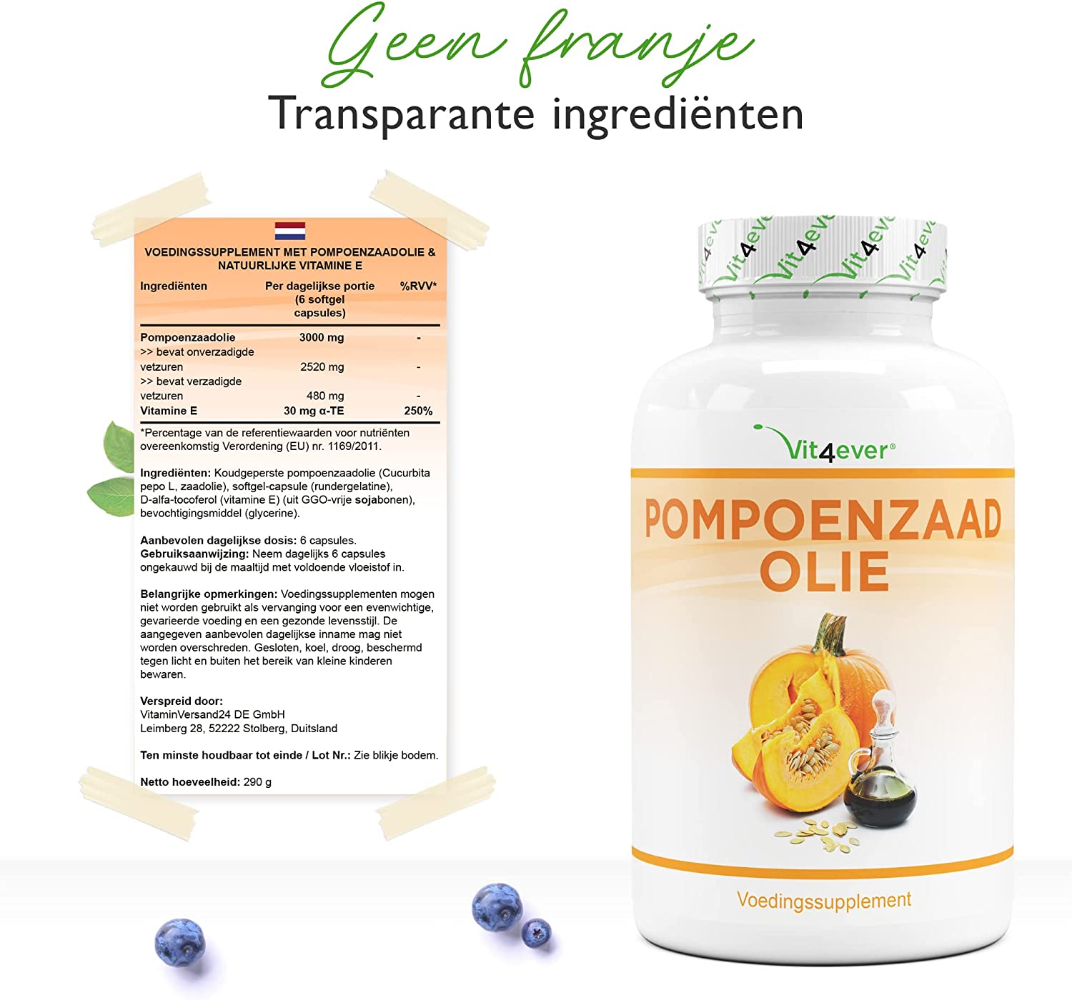 Pompoenpitoliecapsules | 420 capsules | 3000 mg pompoenpitolie | Vit4ever