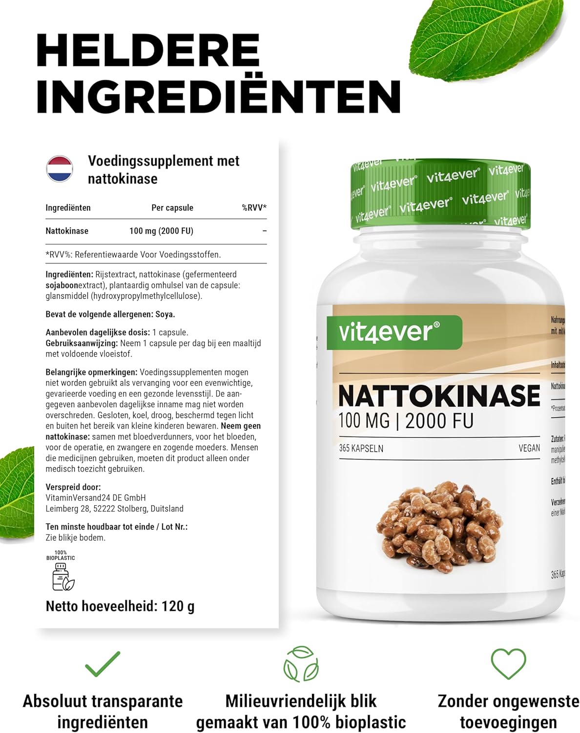 Vit4ever Nattokinase | 100 mg (20.000 FU/g) | GMO-vrije soja | zonder ongewenste toevoegingen