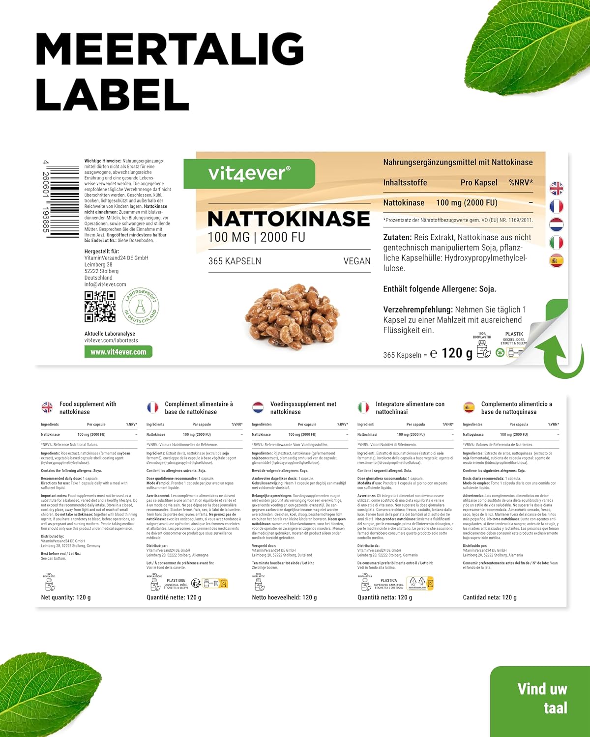 Vit4ever Nattokinase | 100 mg (20.000 FU/g) | GMO-vrije soja | zonder ongewenste toevoegingen