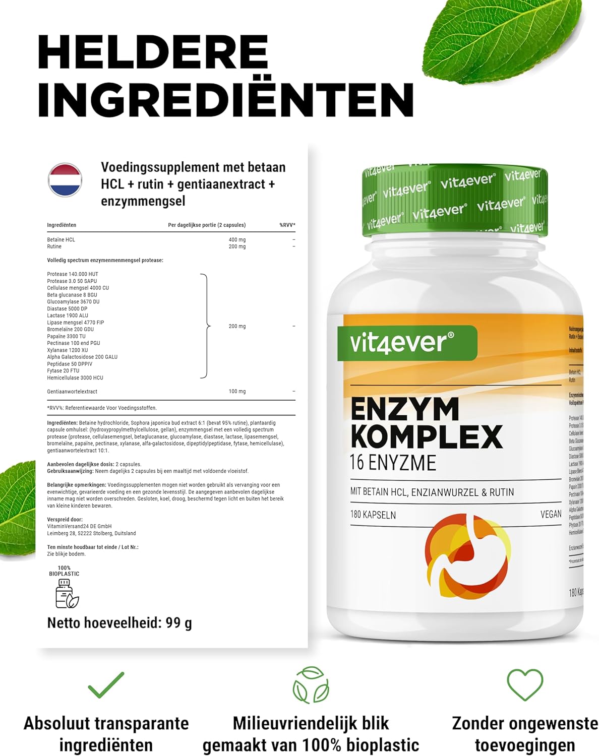 Spijsverteringsenzymen | 180 Capsules met 16 Enzymen plus Betaïne HCL, Rutine & Gentiaanwortel | Met bromelaïne, papaïne, amylase, lipase, protease, lactase