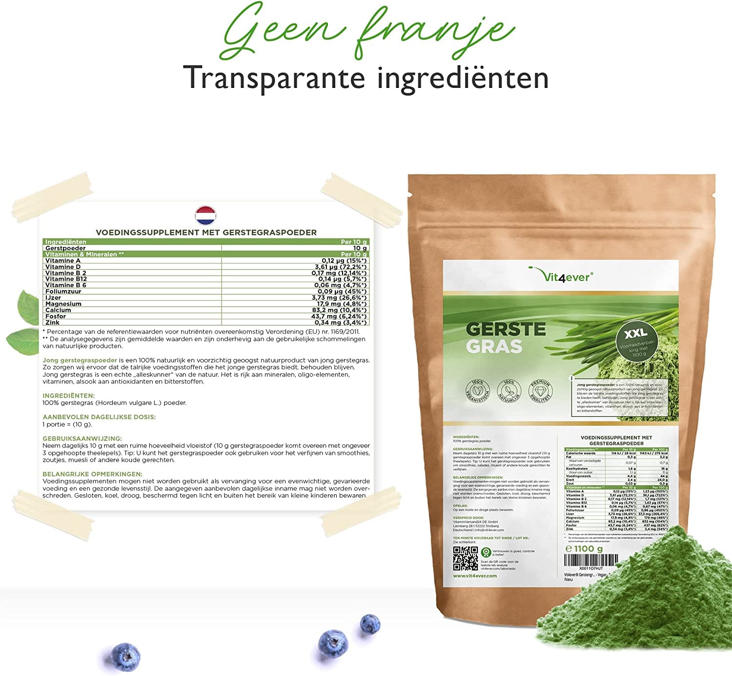Vit4ever Gerstegras - 1100 g (1,1 kg) - Jong gerstegraspoeder - Herkomst Nederland - Rijk aan mineralen & vitaminen