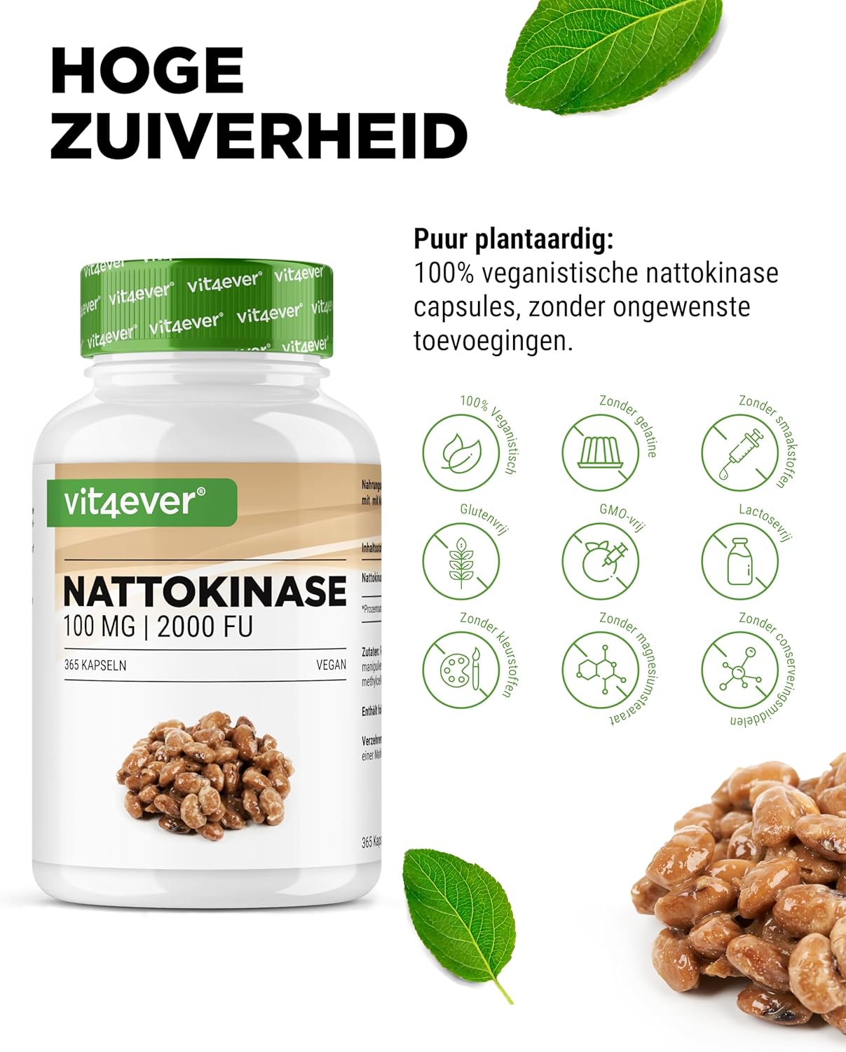 Vit4ever Nattokinase | 100 mg (20.000 FU/g) | GMO-vrije soja | zonder ongewenste toevoegingen