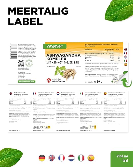 Ashwagandha KSM-66 Complex (met magnesium, zink & B6) | 180 capsules | Vit4ever