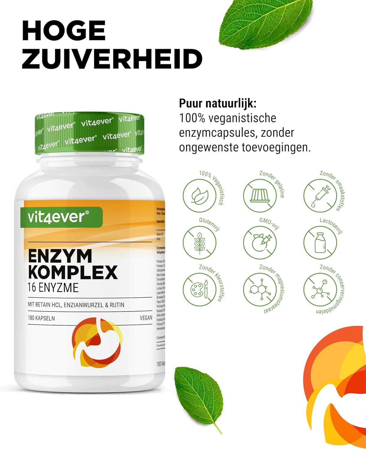 Spijsverteringsenzymen | 180 Capsules met 16 Enzymen plus Betaïne HCL, Rutine & Gentiaanwortel | Met bromelaïne, papaïne, amylase, lipase, protease, lactase