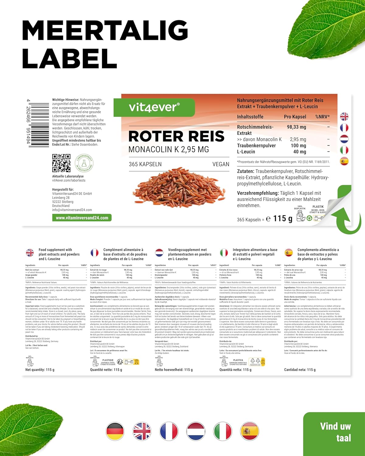 Rode rijstextract | 2,95 mg Monacolin K | 240 capsules | Vit4ever