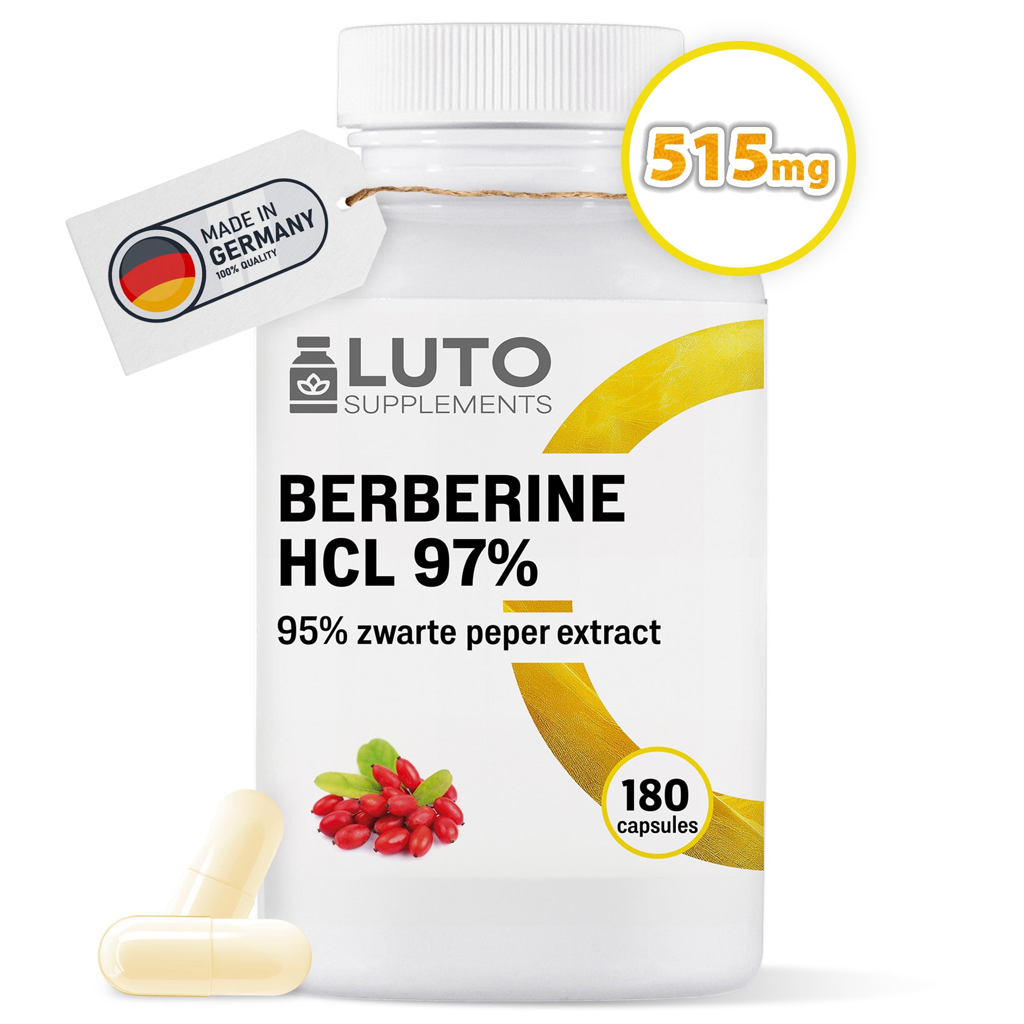 Berberine HCL 97% + Zwarte peper extract - 180 Vegan Capsules