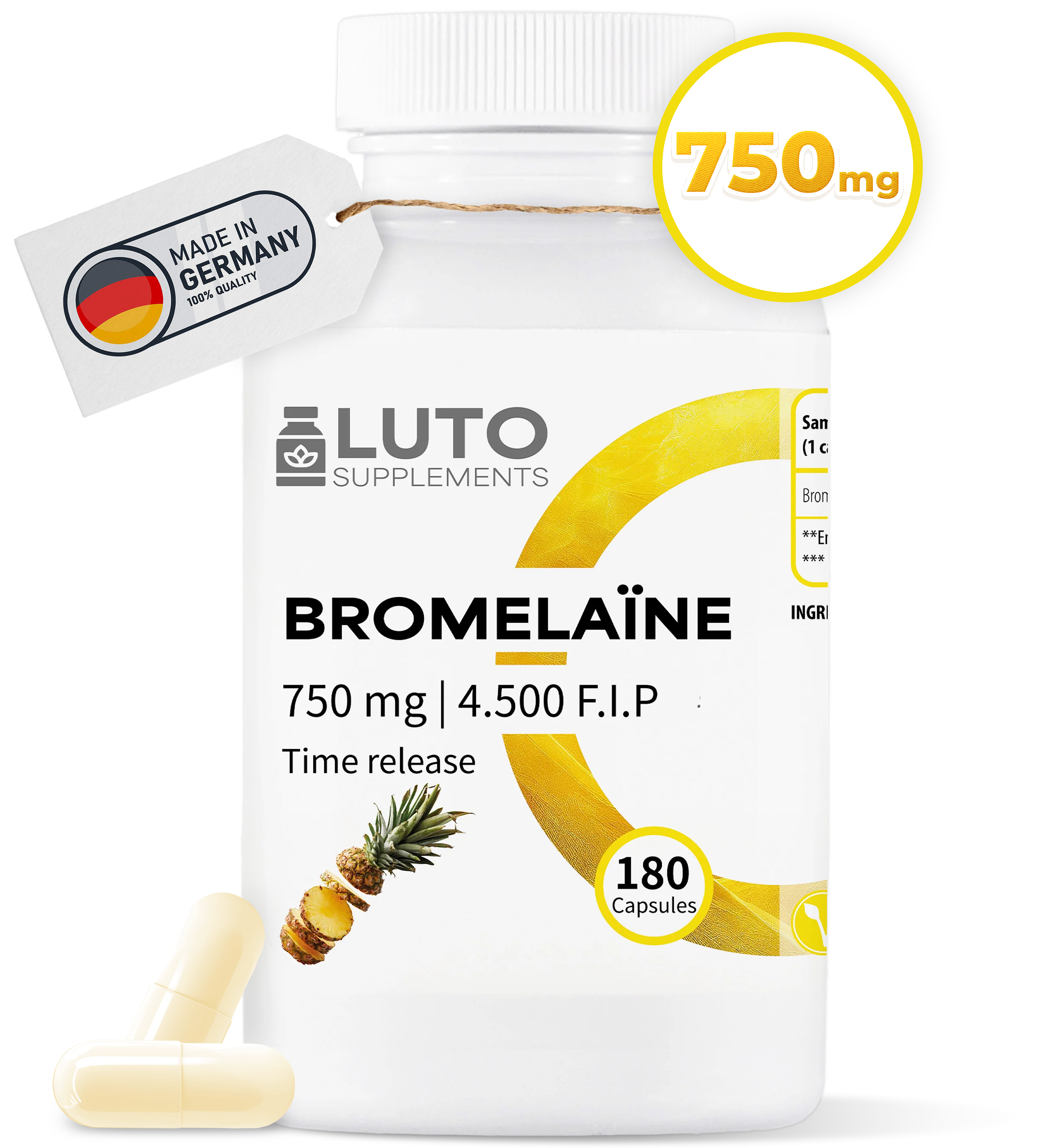 Bromelaïne 750 mg (4500 F.I.P) | 180 time Capsules | LUTO Supplements