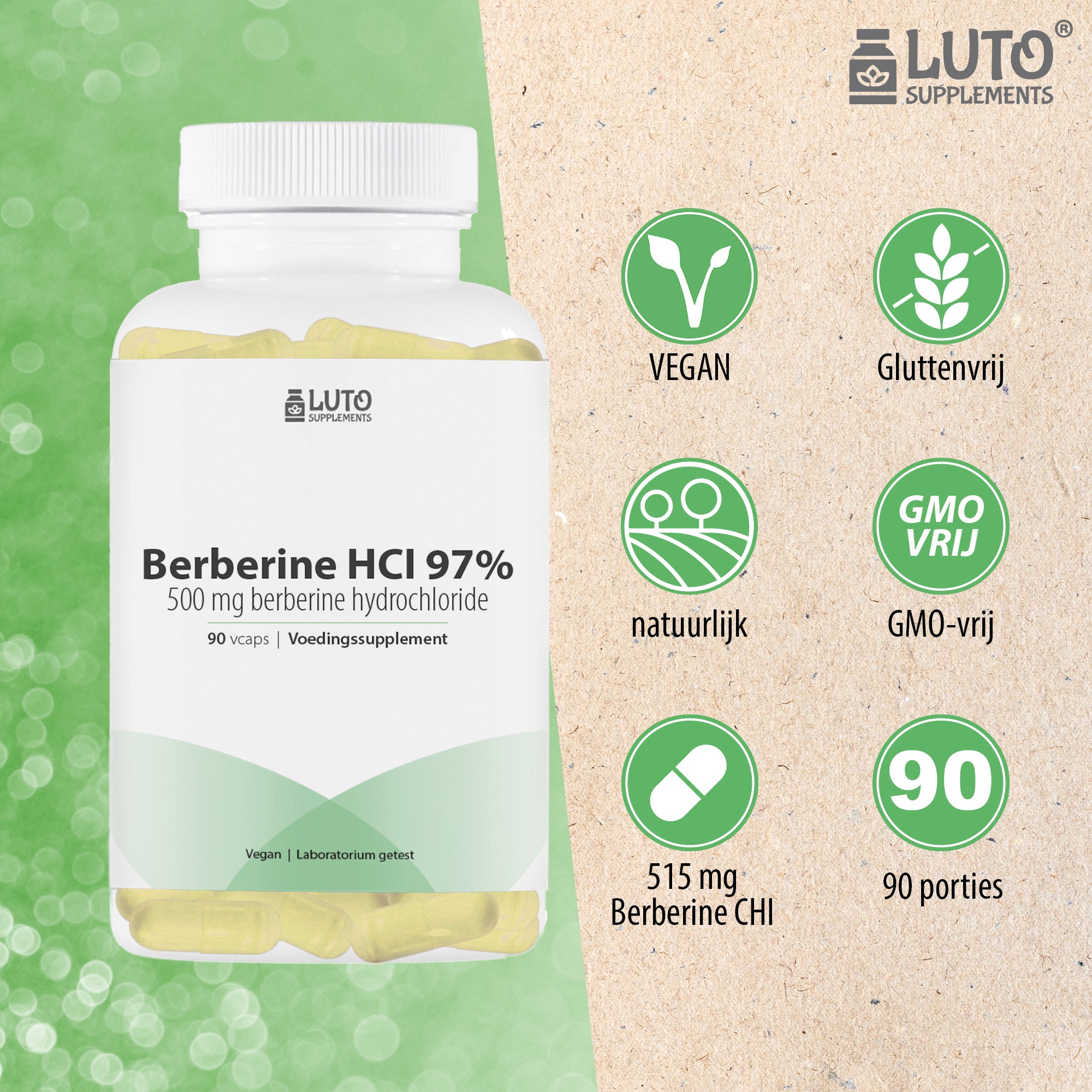 Luto Supplements Berberine HCL 97% | 515 mg Berberiswortelextract | 90 capsules | vegan