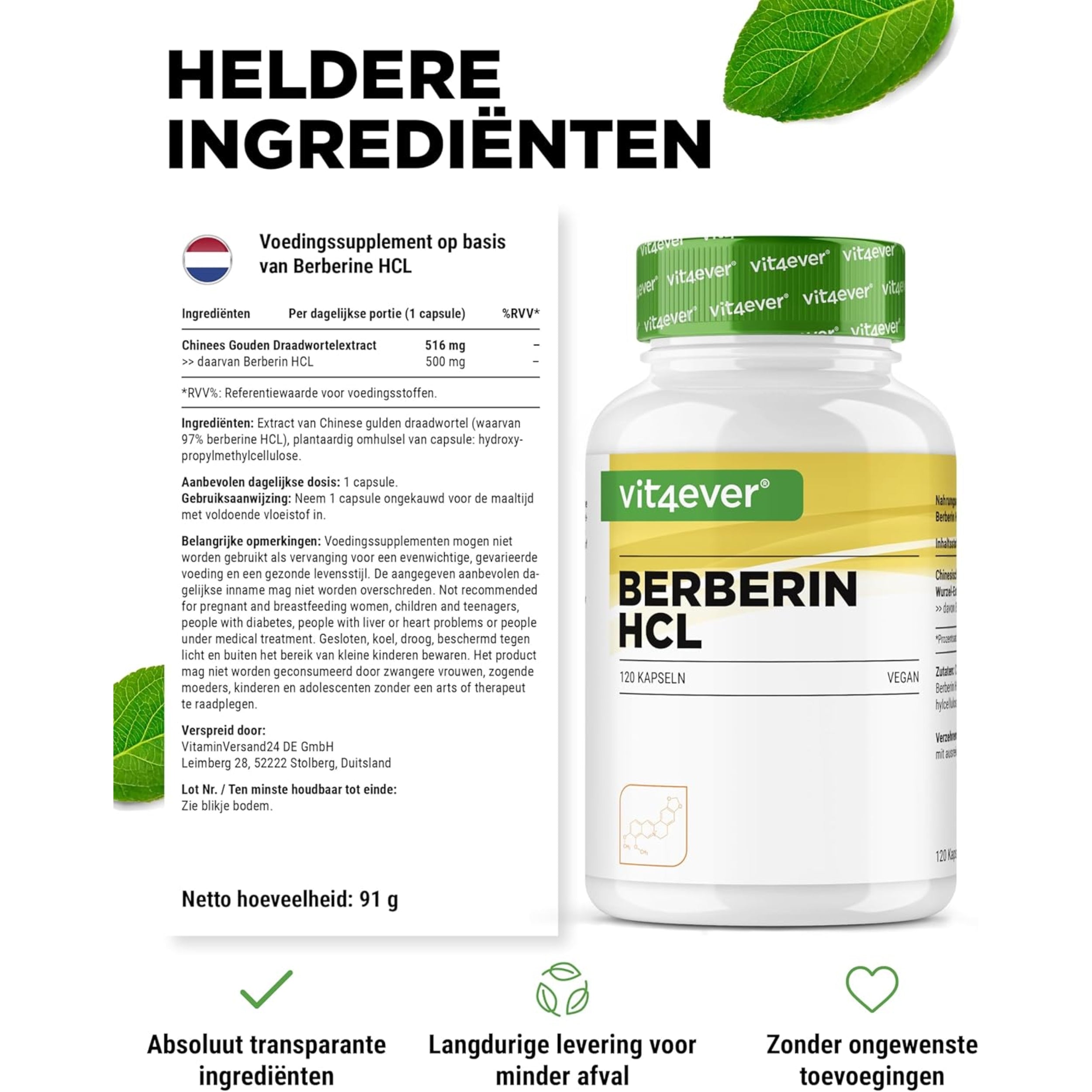 Berberine HCL 97% Intenso (500mg) | 120 capsules | Vit4ever