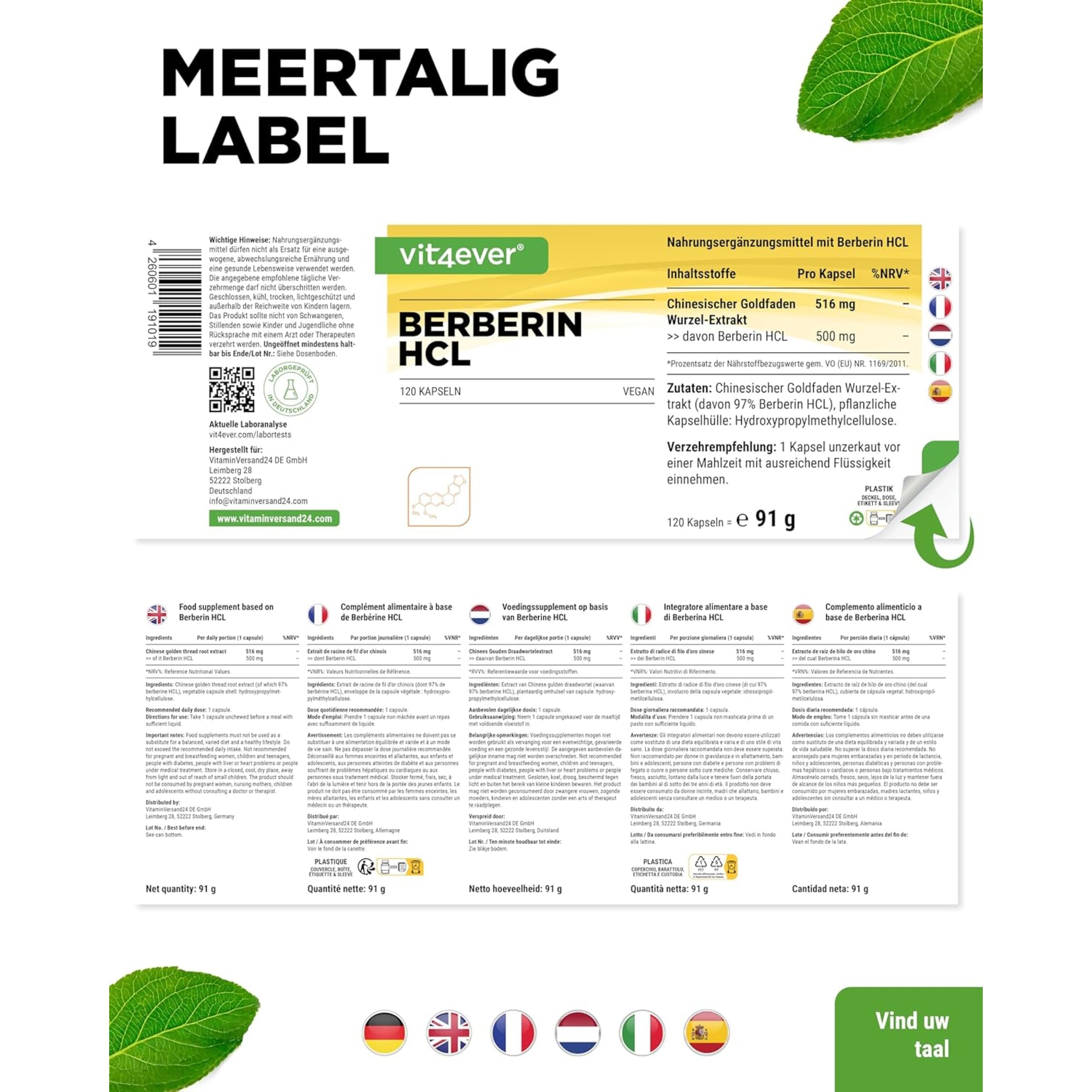 Berberine HCL 97% Intenso (500mg) | 120 capsules | Vit4ever