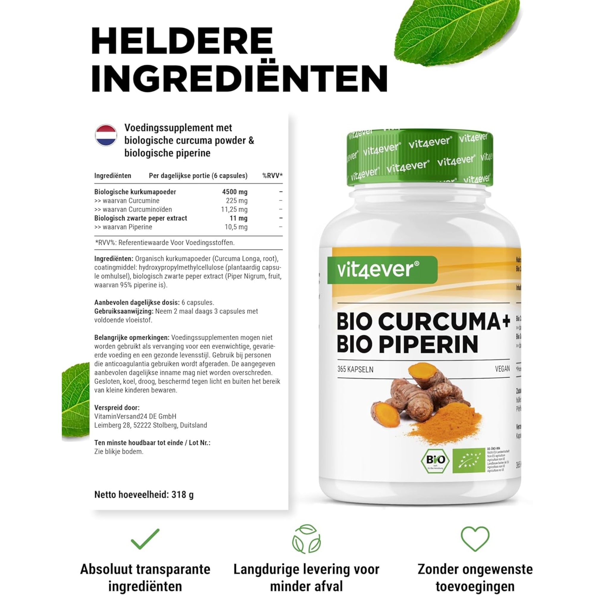 Bio Kurkuma + Bio Piperine (Curcumine) | 365 capsules | Vit4ever