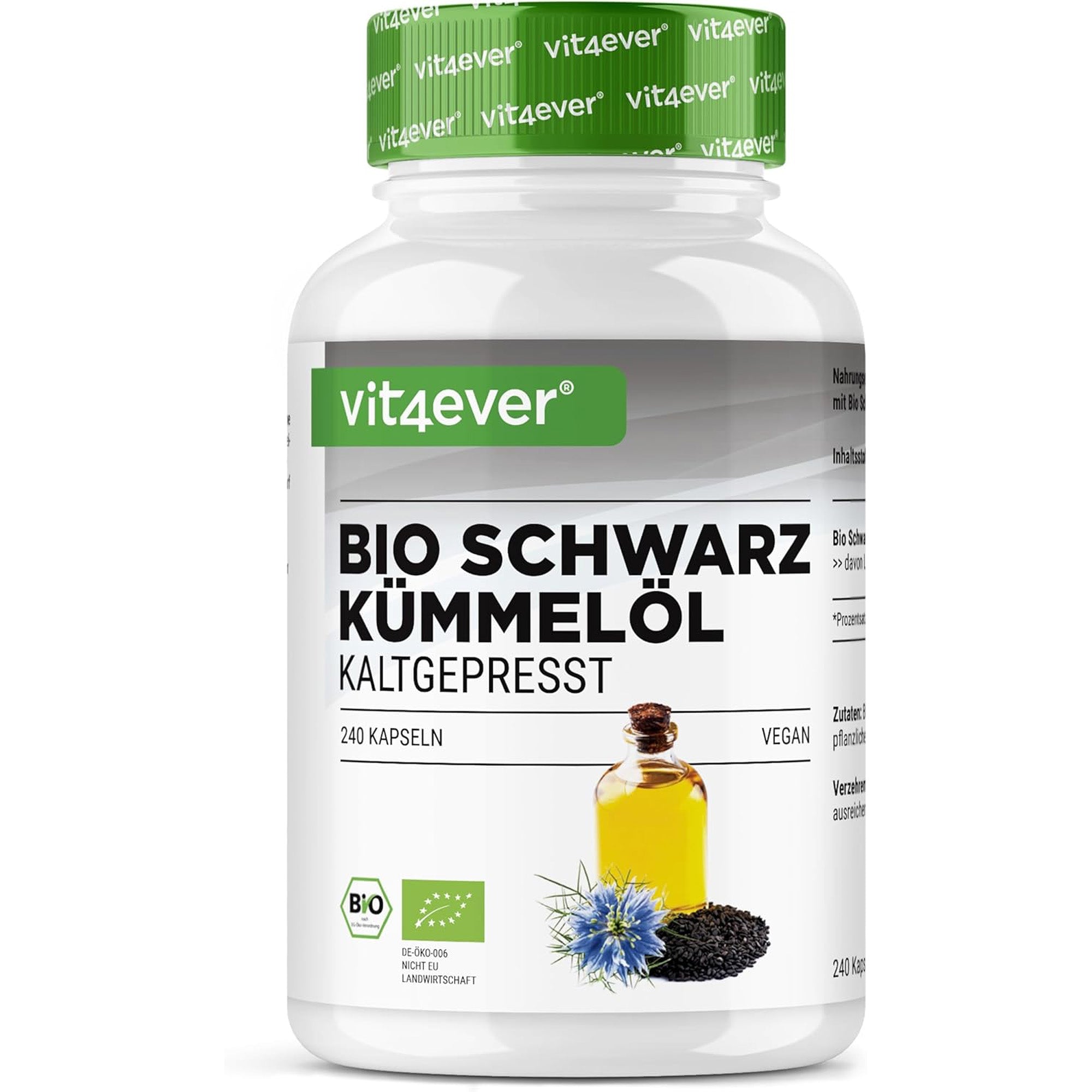 Productverpakking van Biologische Zwarte Komijnolie – 240 Capsules van Vit4ever

