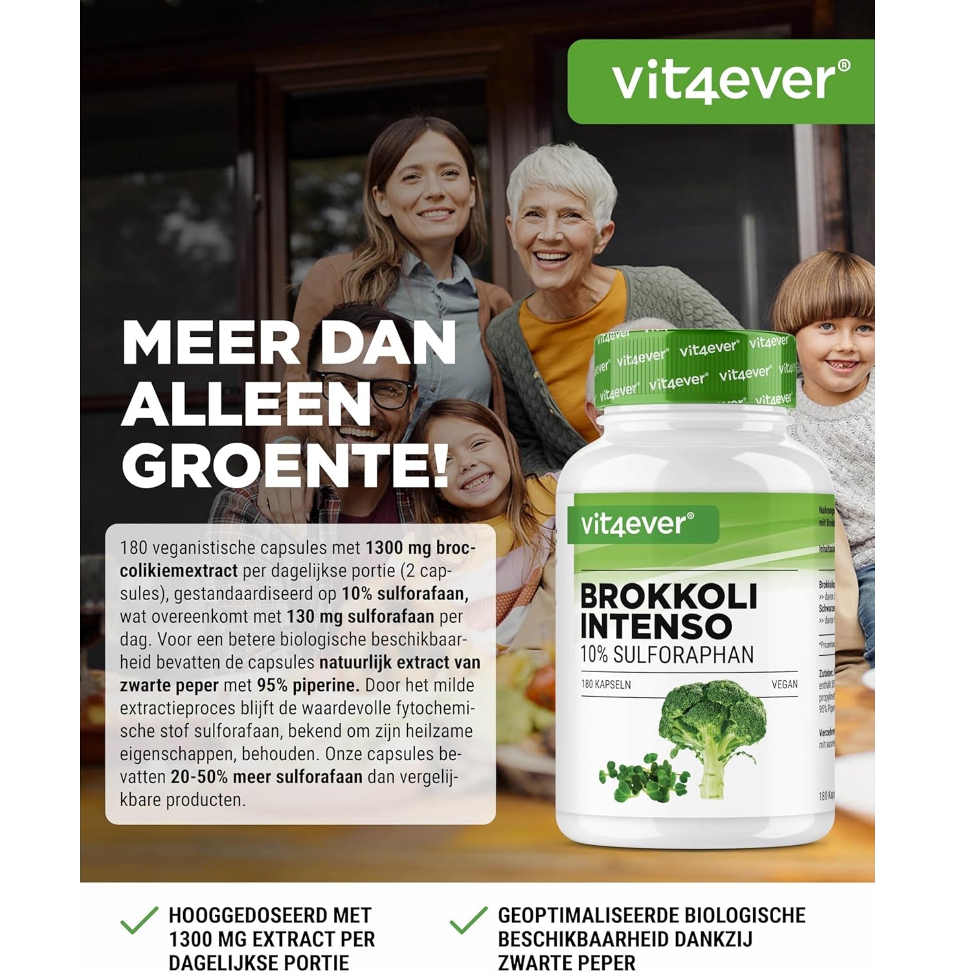 Broccoli extract | 180 capsules | 1229 mg | 10% sulforafaan | Zwarte peper extract | Vegan | Vit4ever