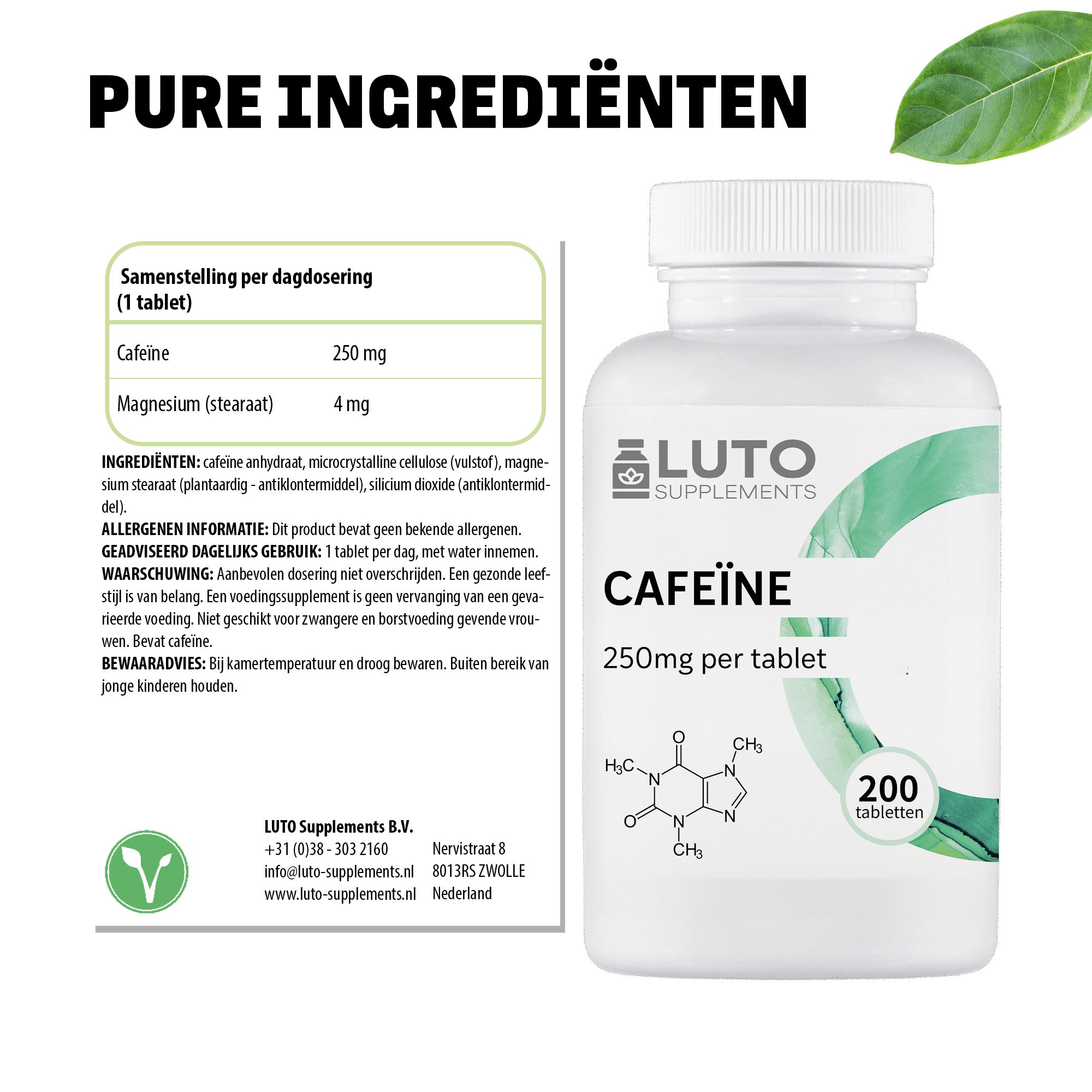 Cafeïne tabletten 250mg | 200 tabletten | LUTO Supplements