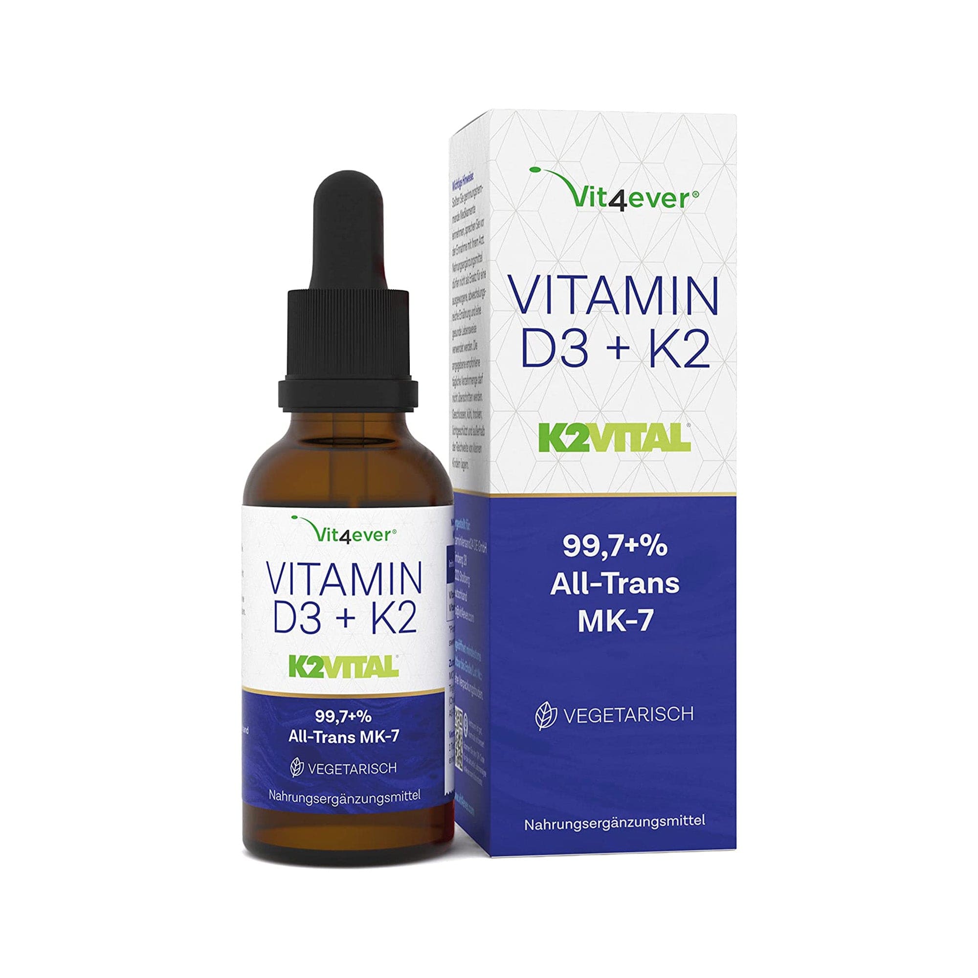 Vitamine D3 + K2 druppels 50ml - Premium: 99,7+% All-Trans (Original K2VITAL® by Kappa) - Hoog gedoseerd met 1000 IE vitamine D3 per druppel (1700 druppels) - In MCT olie