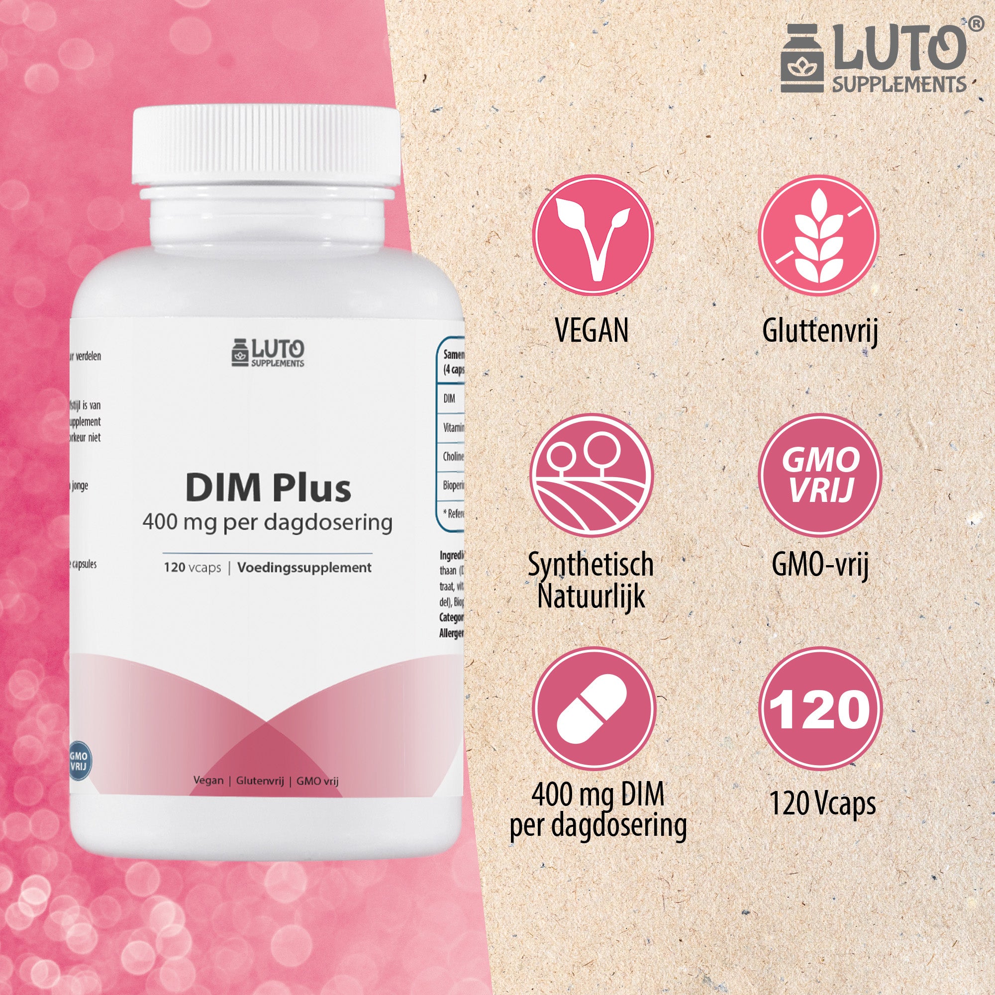 DIM Plus | 400mg Di-indolylmethaan | 120 Vegetarische capsules | Met Vitamine E, Bioperine & Choline | Luto Supplements