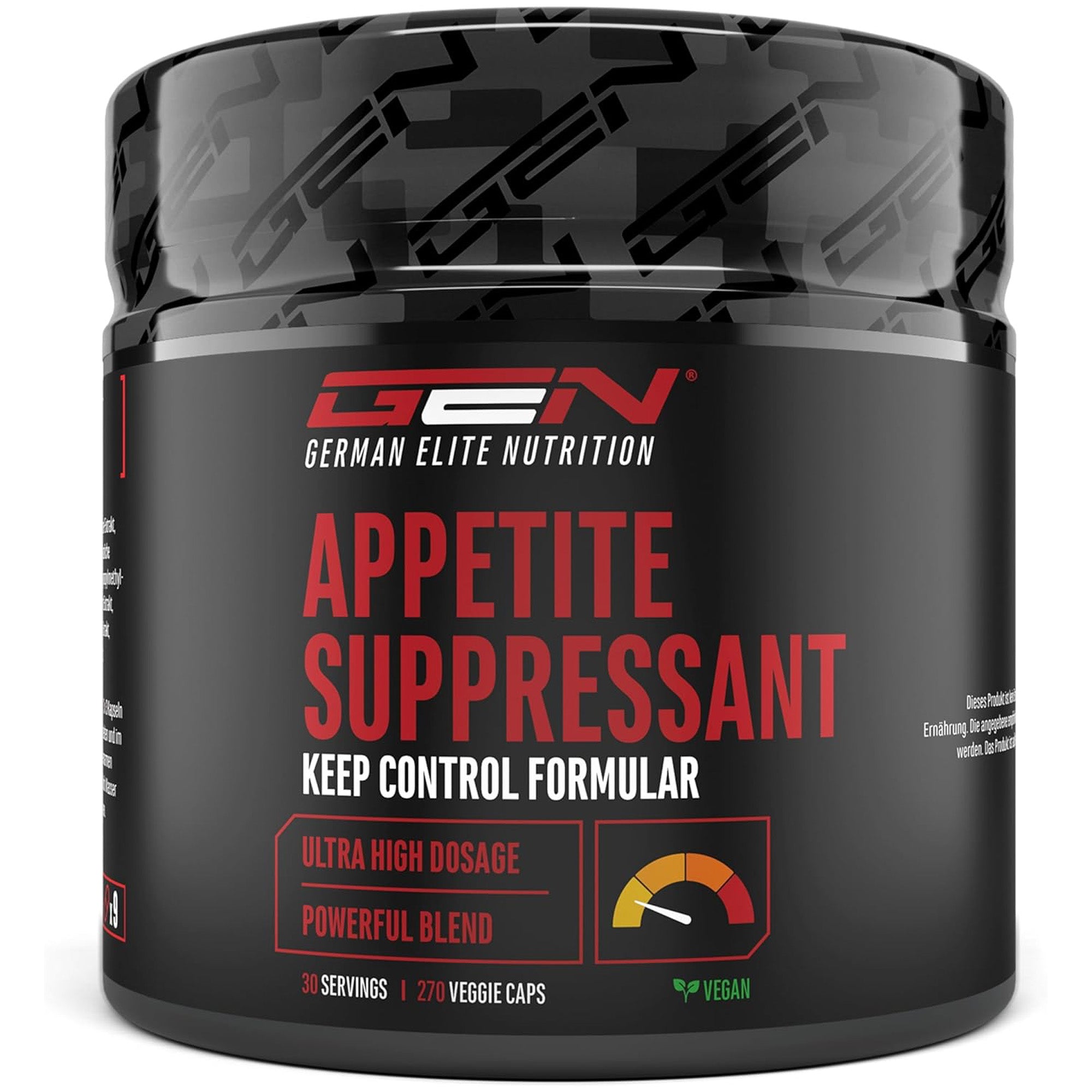 Verpakking van de eetlustremmer van German Elite Nutrition met de tekst 'Appetite Suppressant - Keep Control Formulas'.