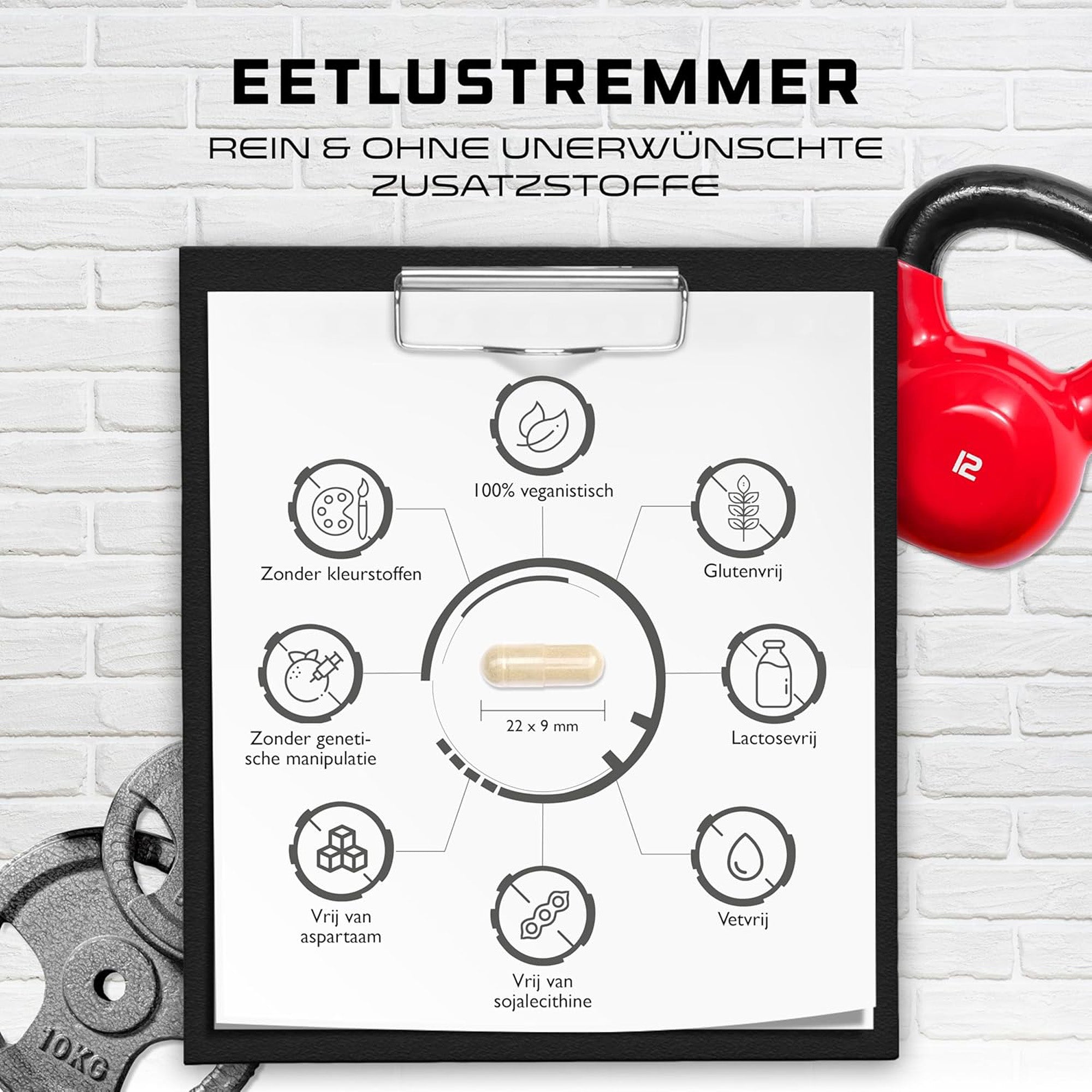 "Visualisatie van de eigenschappen van de eetlustremmer: 100% veganistisch, vrij van gluten, lactose, kleurstoffen, en genetisch gemodificeerde ingrediënten."