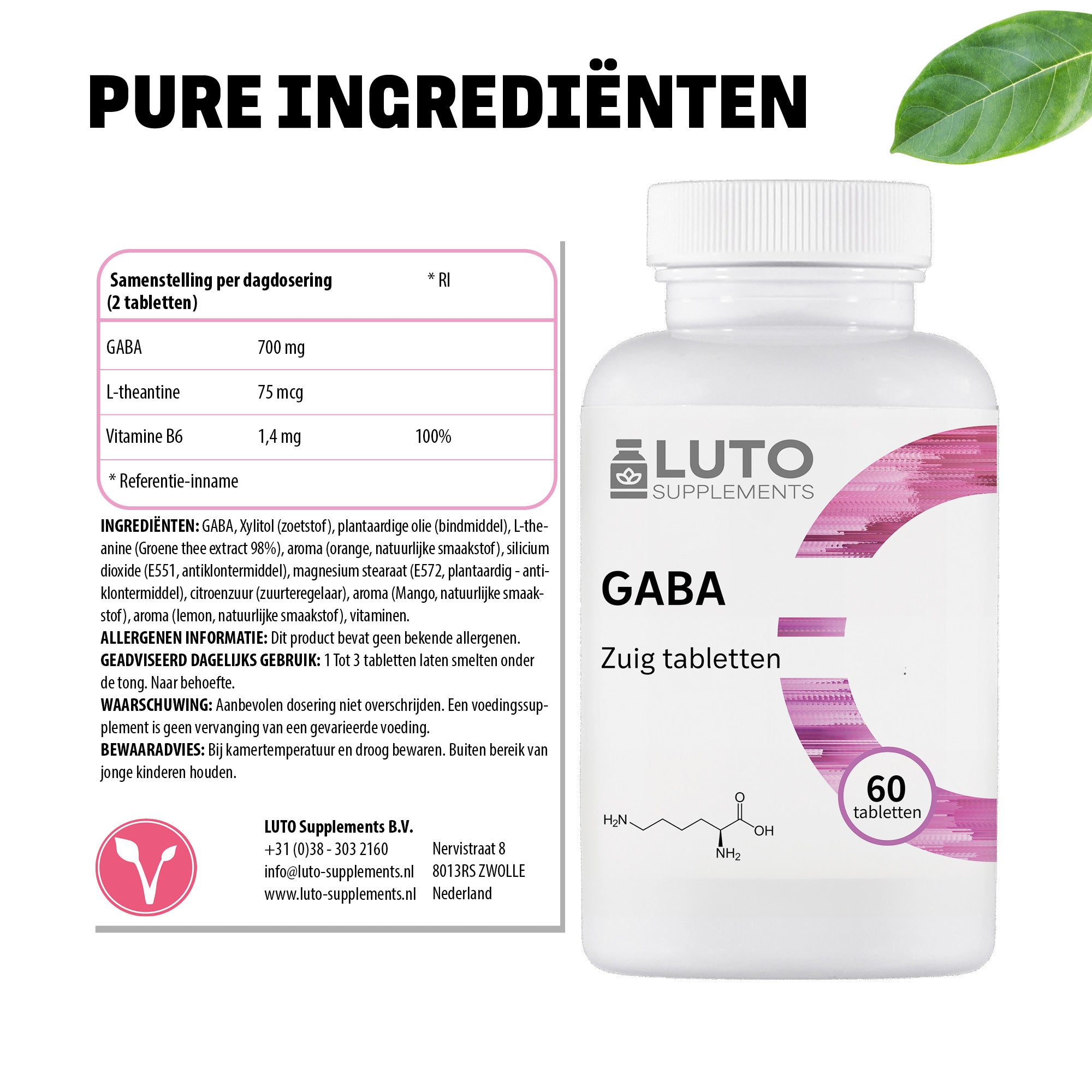 GABA met L-theanine | 700 mg GABA | 60 Zuig tabletten | LUTO Supplements