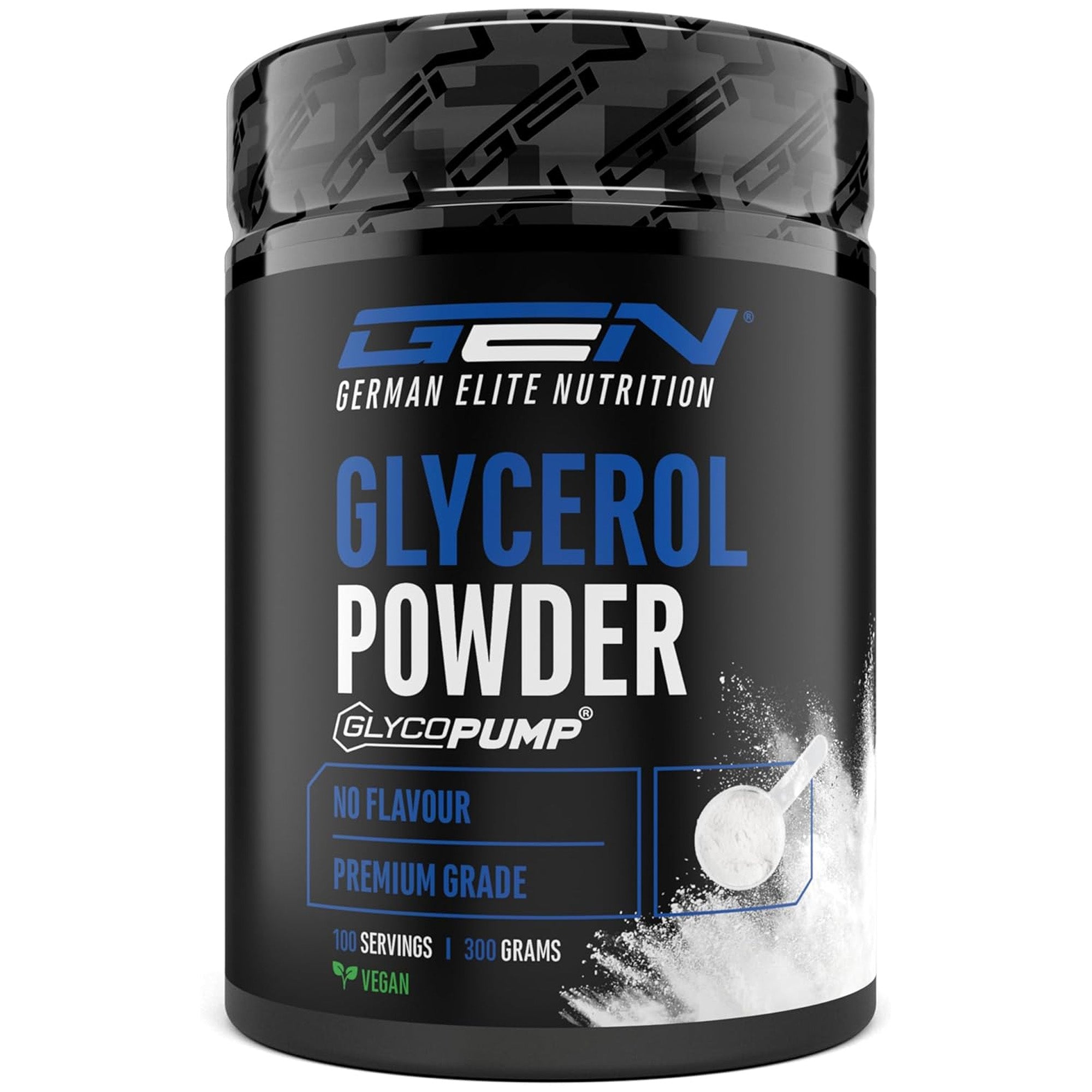 GlycoPump® glycerol poeder overzicht - 300g inhoud, 100 porties, oplosbaar en ideaal voor krachttraining.
