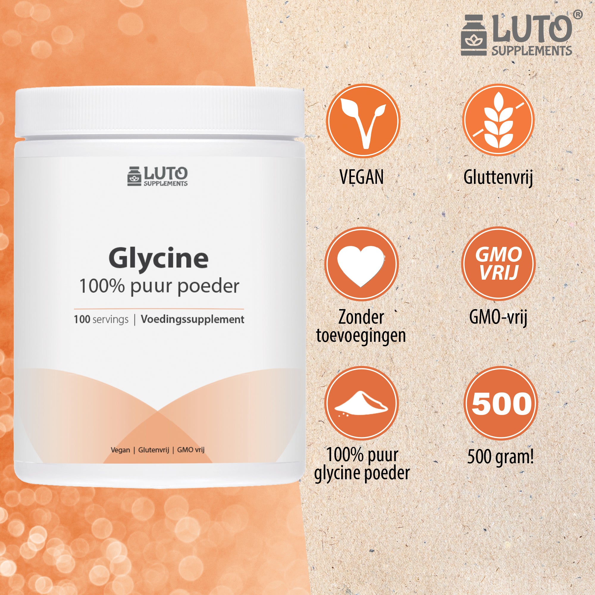 Glycine Puur | 500 gram zuivere poeder | 100 servings| geen toevoegingen | Luto Supplements