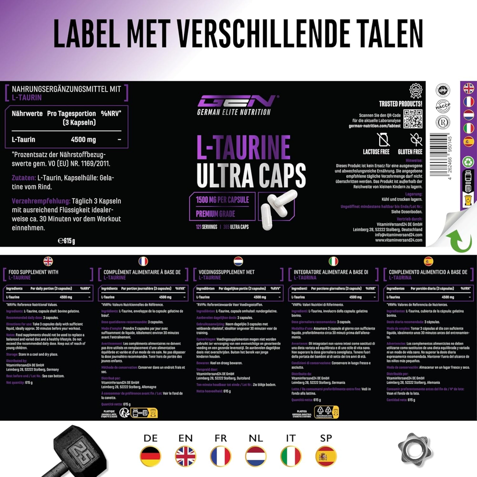 L-Taurine Ultra Caps 1500mg | 365 capsules | GEN