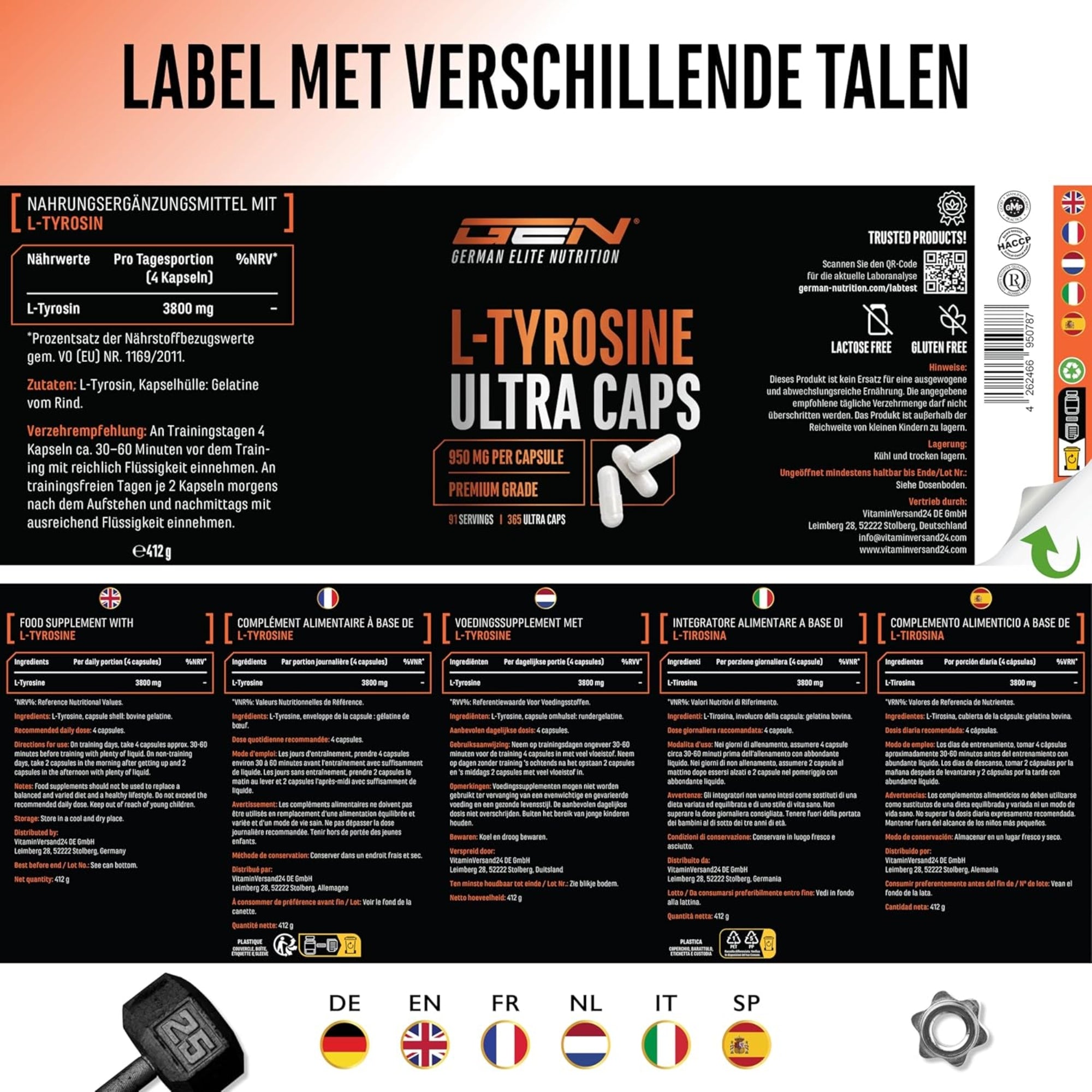 L-Tyrosine Ultra 950mg | 365 capsules | German Elite Nutrition