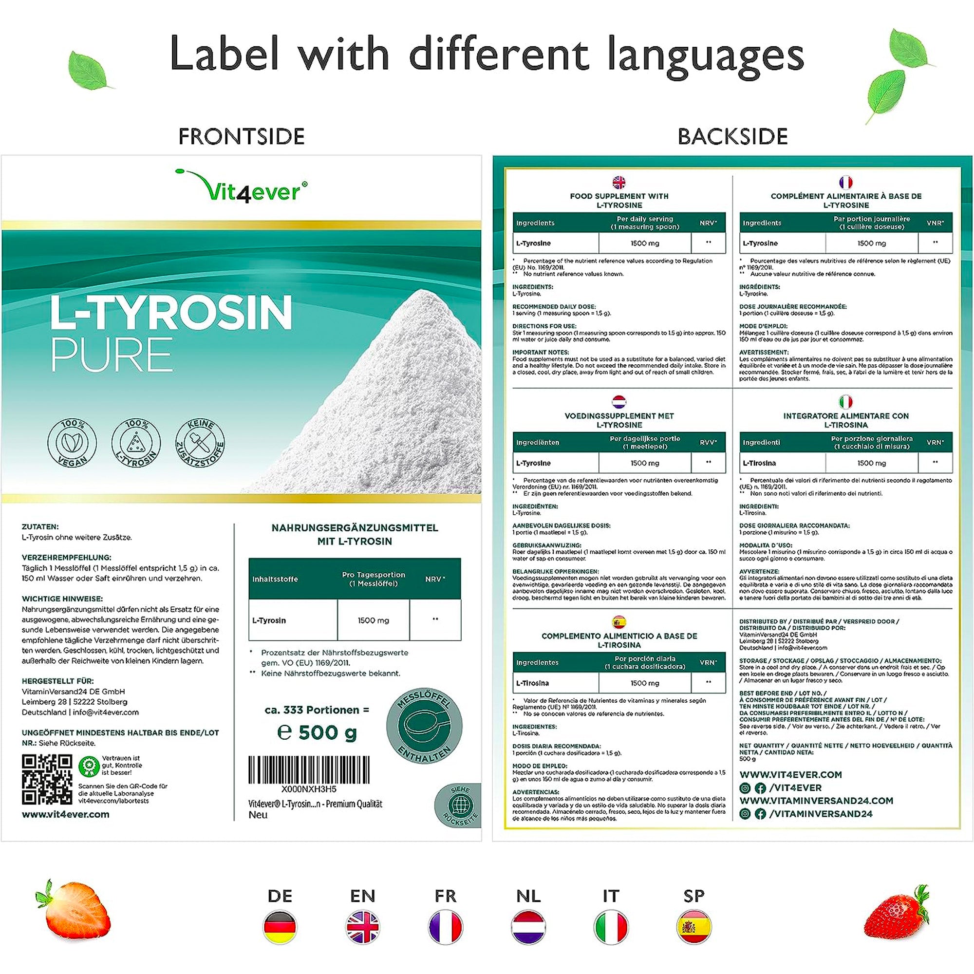 L-Tyrosine | 500 gram zuiver poeder | geen toevoegingen | Laboratorium getest | 100% Tyrosine aminozuur | Veganistisch | Premium kwaliteit | Vit4ever