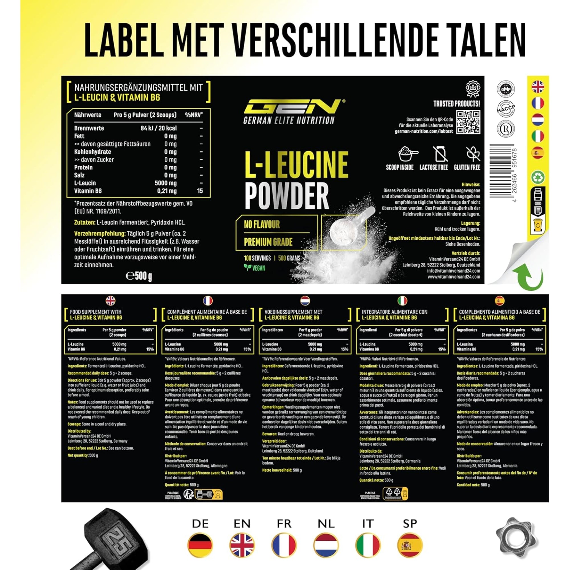 L-Leucine poeder 5000mg | 500g | German Elite Nutrition