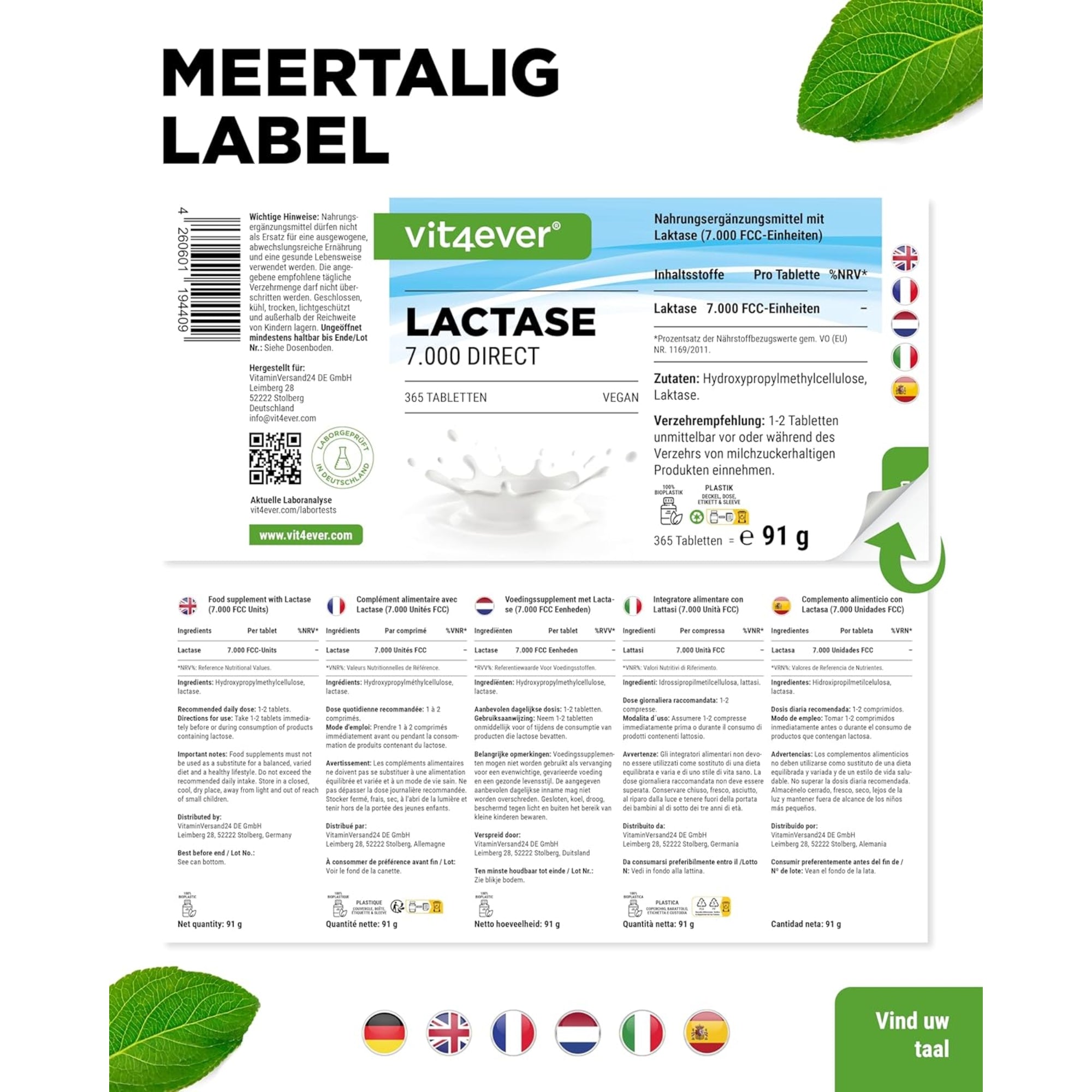 Lactase 7.000 FCC (Direct) | 180 of 365 tabletten | Vit4ever