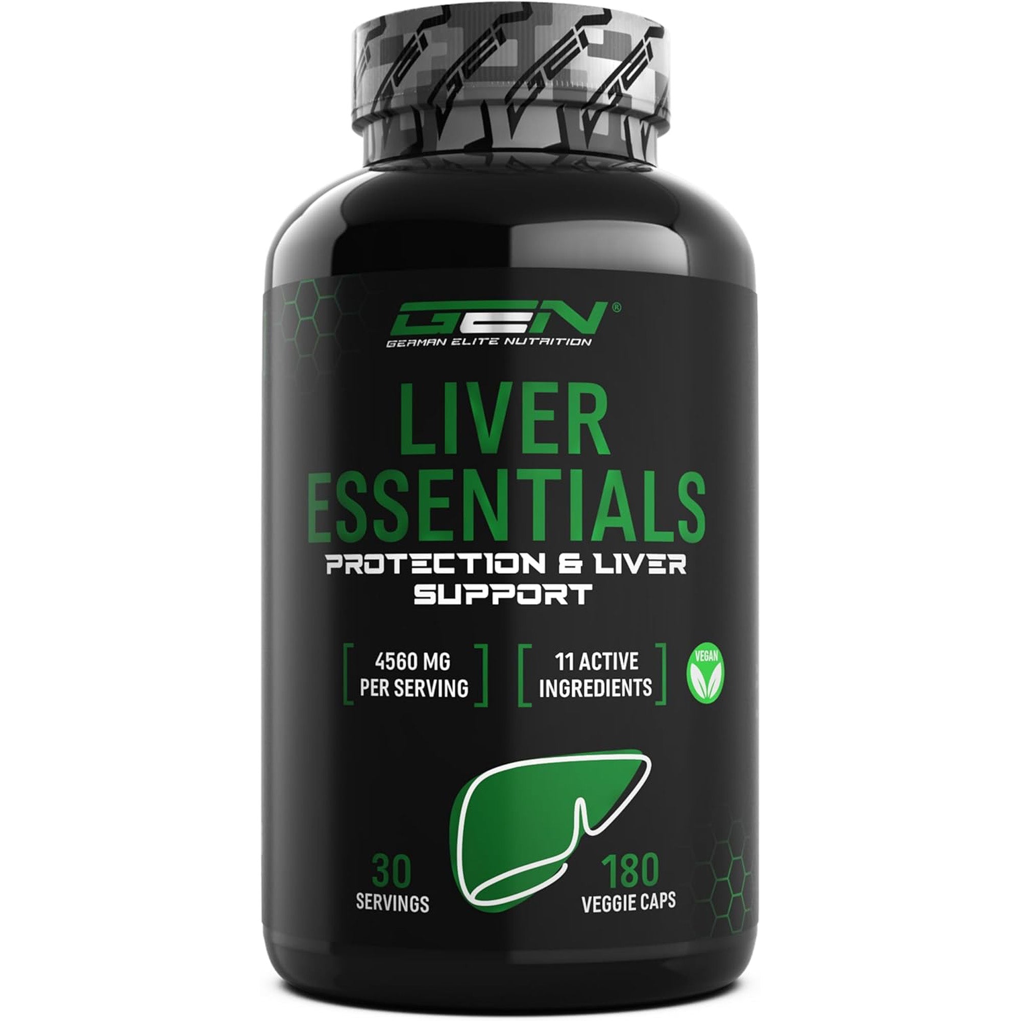 Afbeelding van de verpakking van Liver Essentials, met de tekst 'Protection & Liver Support' en informatie over 4560 mg per dosering en 11 actieve ingrediënten.