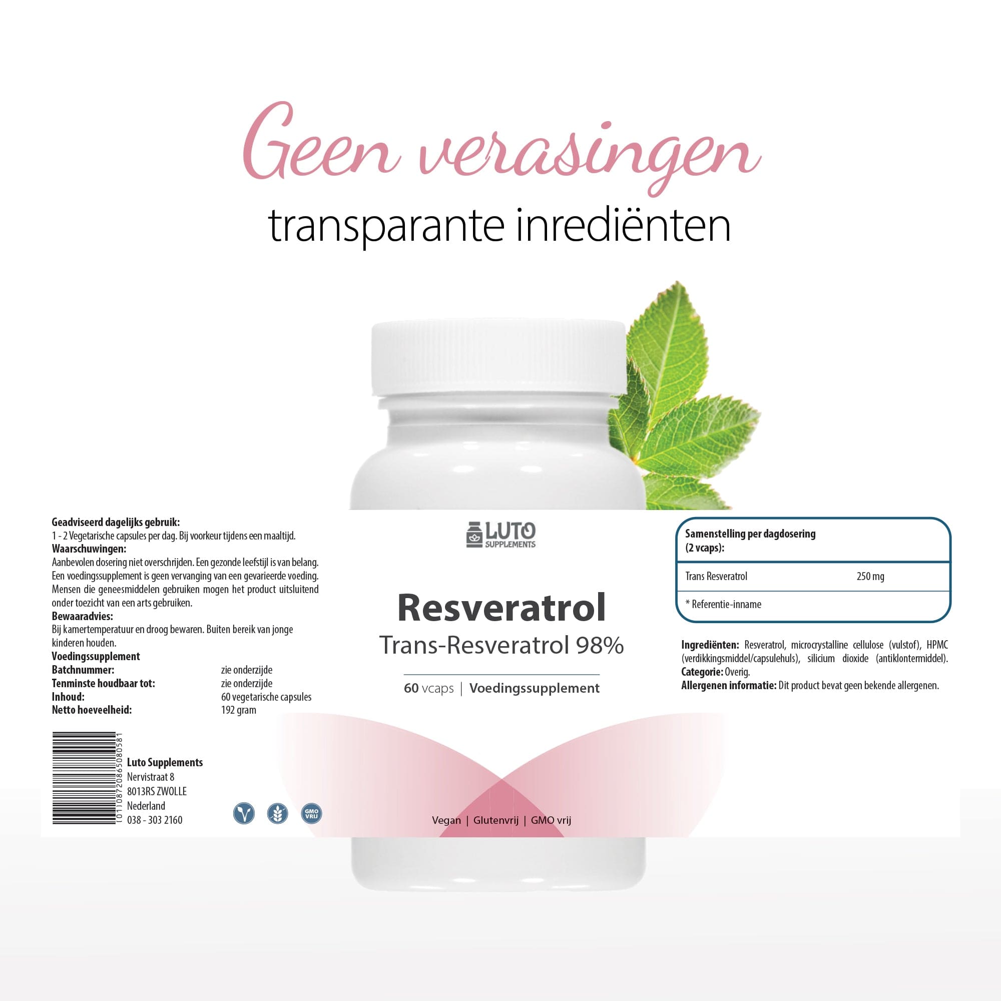 Resveratrol | 250mg | 98% Trans-Resveratrol van Japans duizendknoop-extract | 60 Vcaps | Hoge dosis | Veganistisch | Luto Supplements