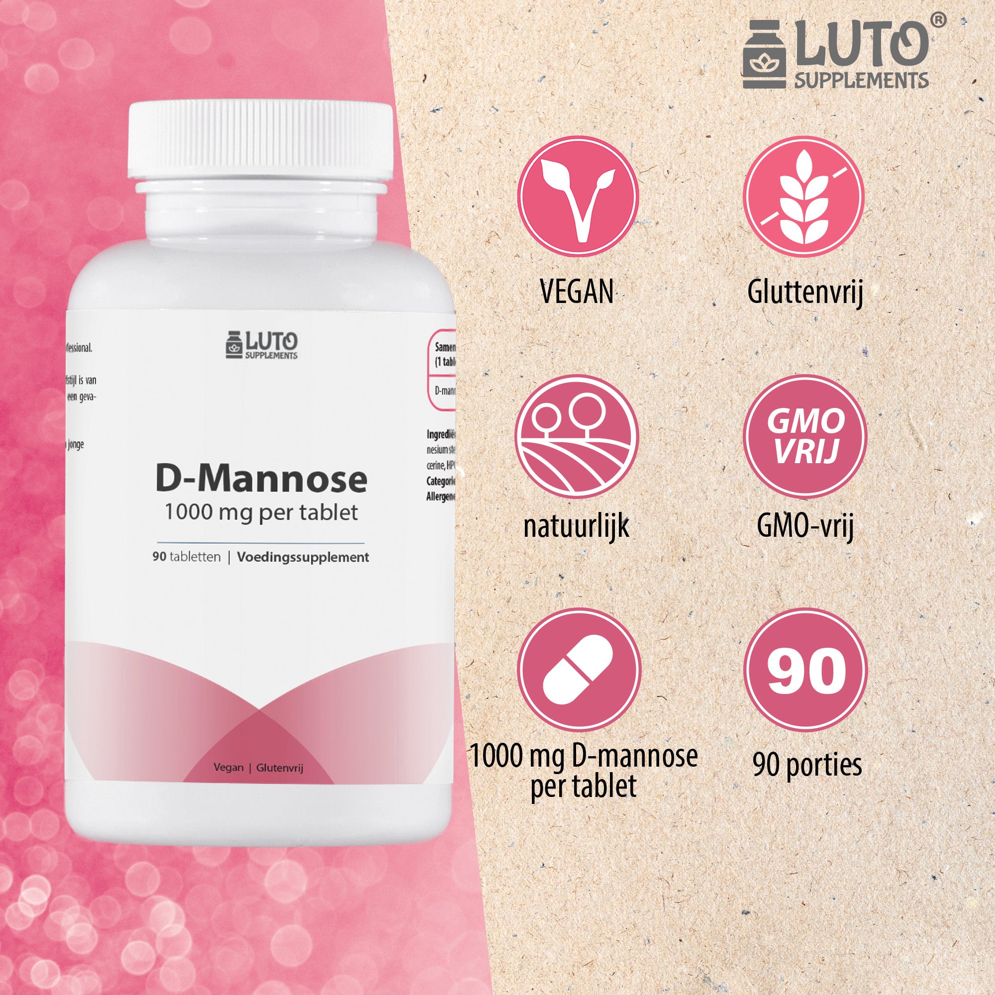 D-mannose tabletten | Hoog gedoseerd | 1000 mg per tablet | 90 porties per verpakking | Luto Supplements