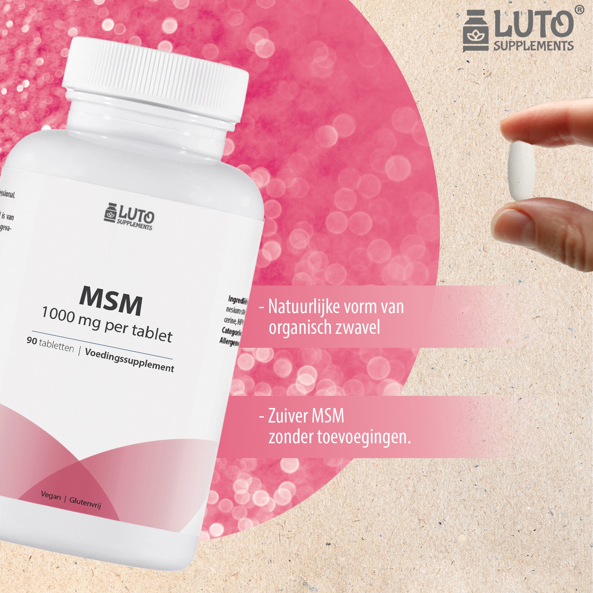 MSM 1000 mg - 90 tabletten - zonder toevoegingen - 3 maanden voorraad - Natuurlijke vorm organisch zwavel - veganistisch - Luto Supplements