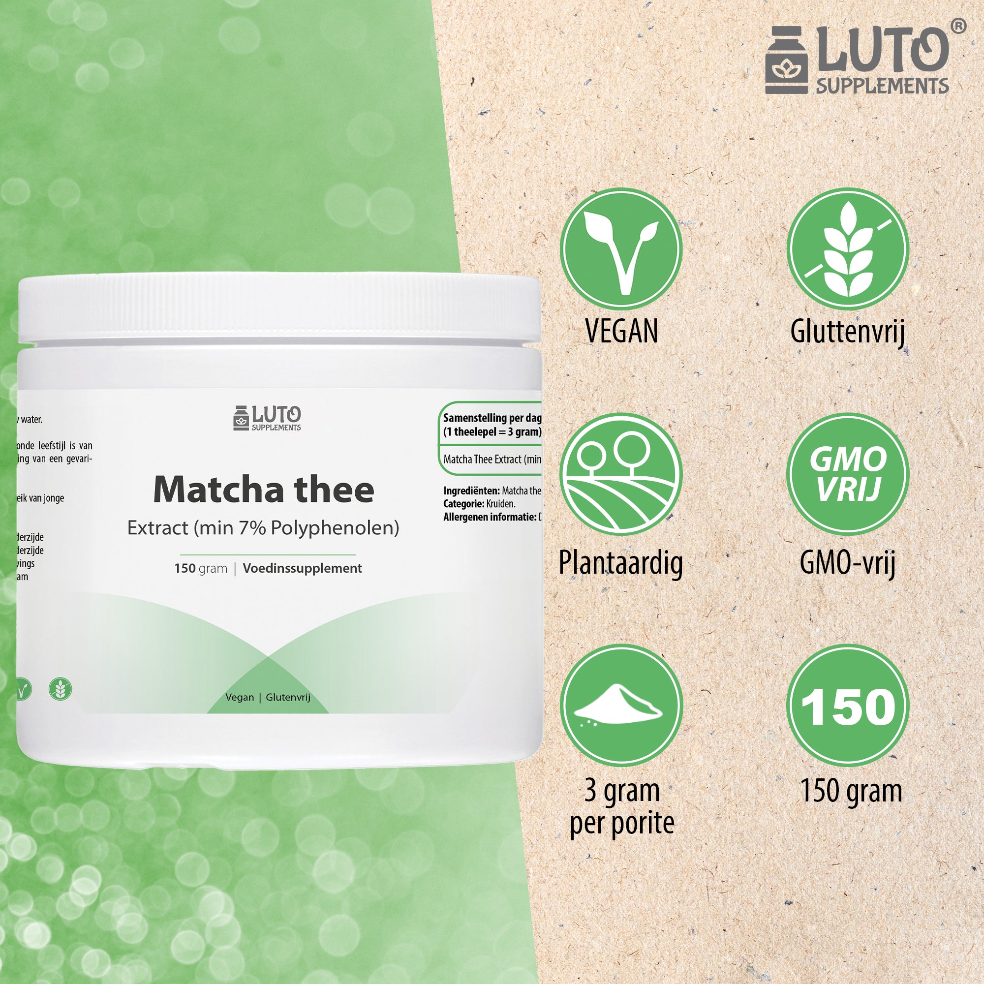 Matcha Thee Extract | Vegan | 150 gram | 50 Doseringen | 7% Polyphenolen (Werkzame stof) | In een handige opberg pot