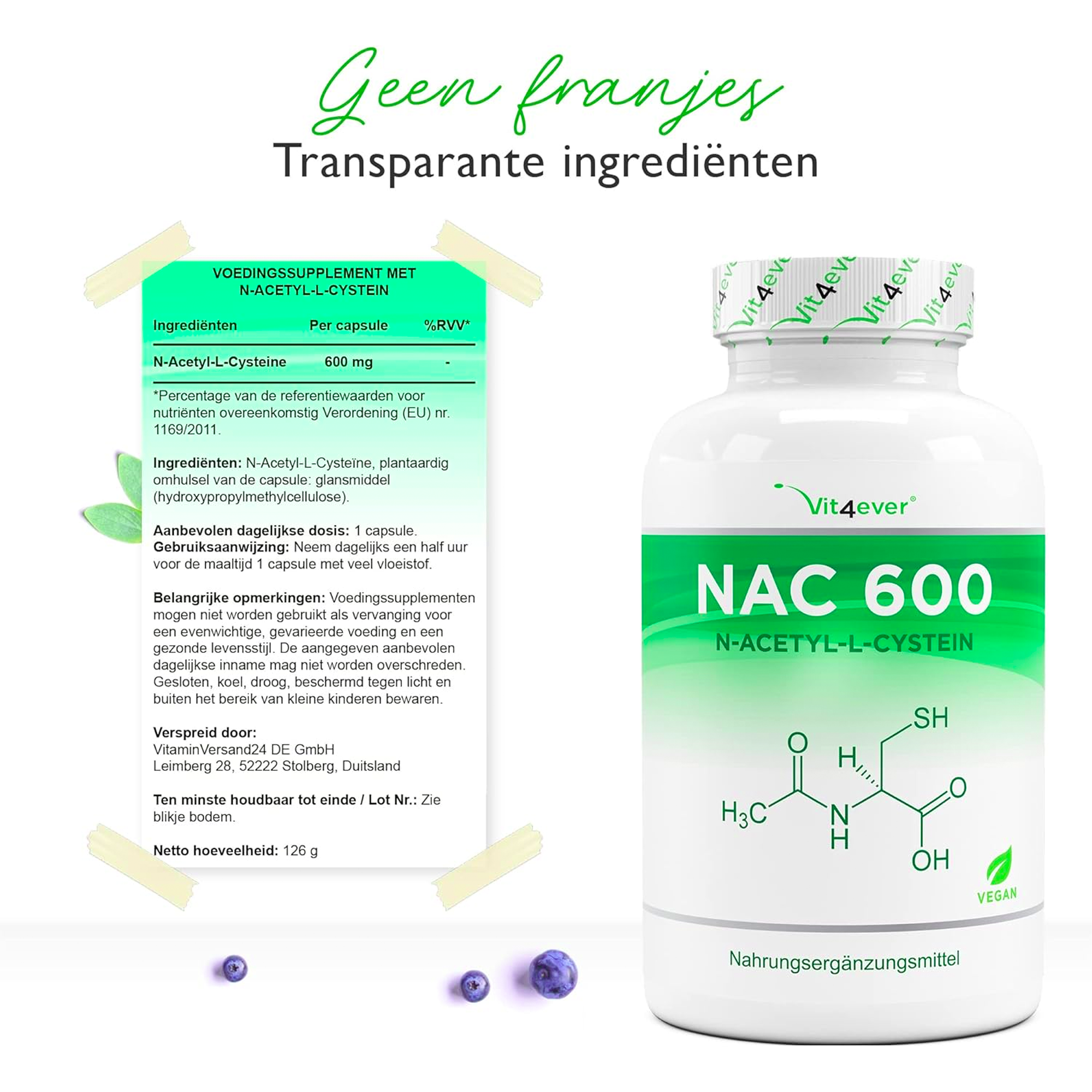 NAC | N-Acetyl L-Cysteïne 180 capsules | 600 mg | 6 maanden voorraad | Veganistisch | Hoog gedoseerd | Vit4ever