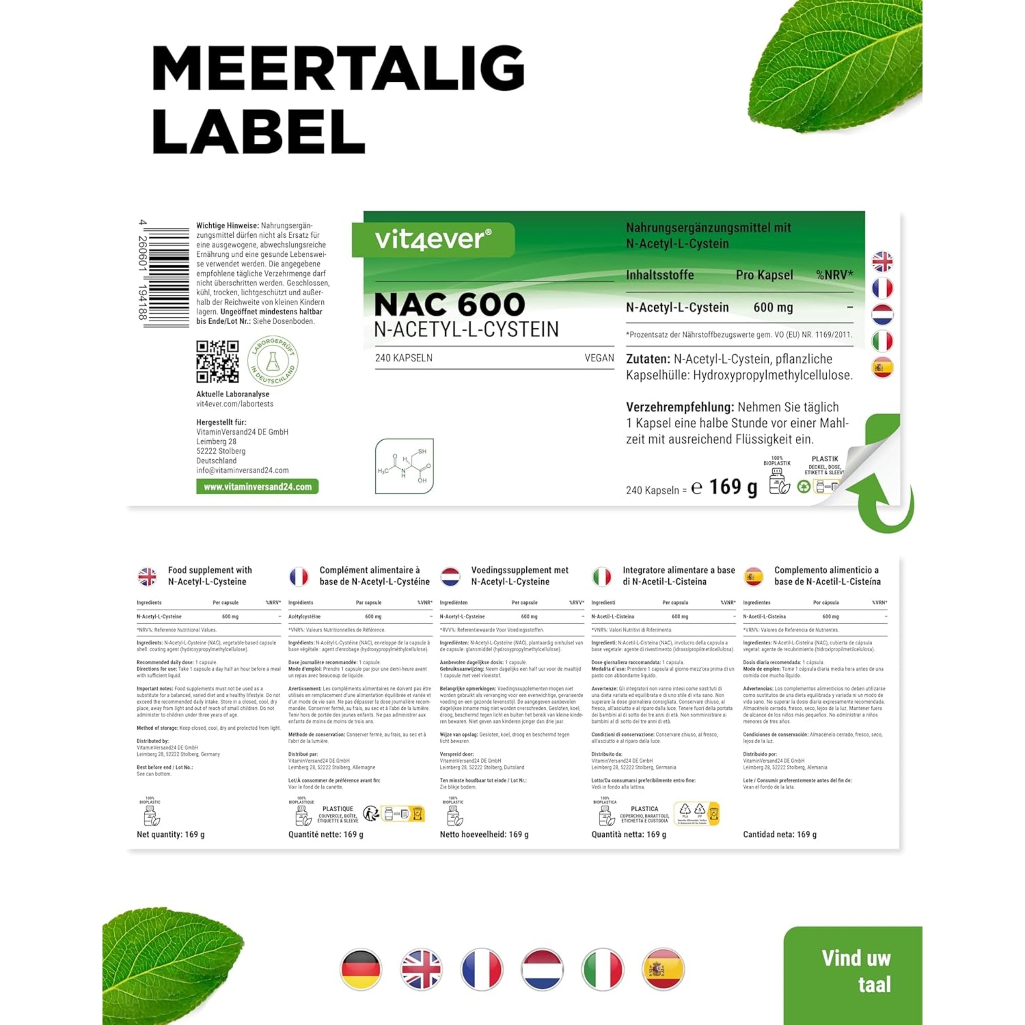 N-Acetyl L-Cysteïne (NAC) 600mg | 240 vegan capsules | Vit4ever