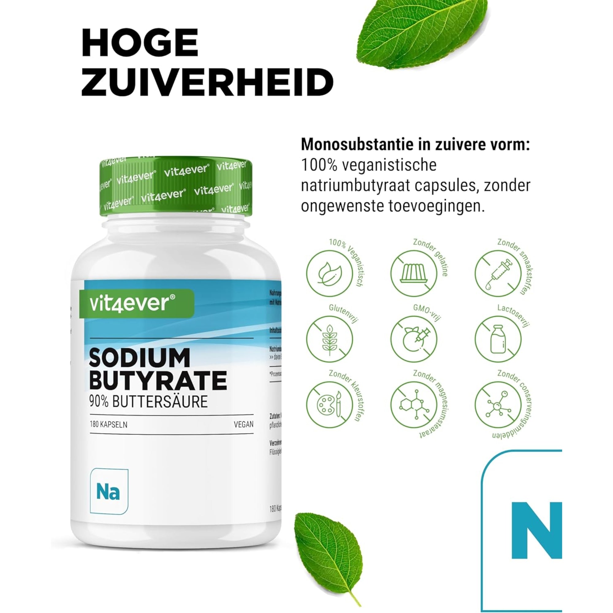 Natriumbutyraat (Butaanzuur) 90% | 180 capsules | Vit4ever